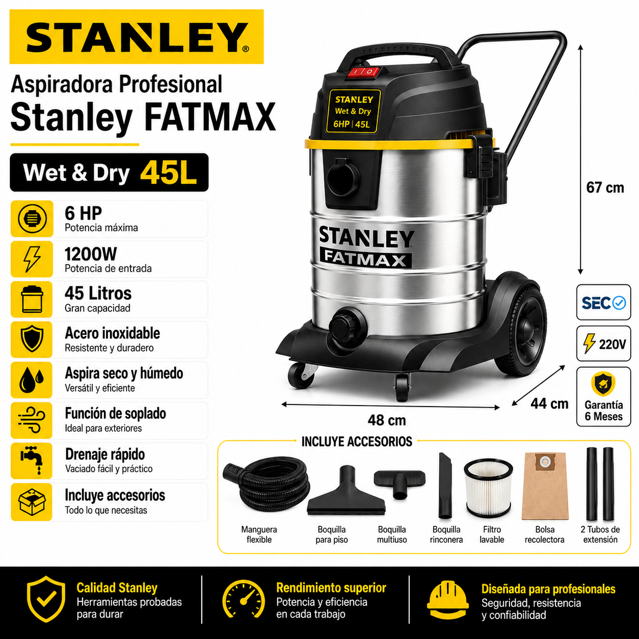 Aspiradora Profesional Stanley FATMAX Wet & Dry 45L