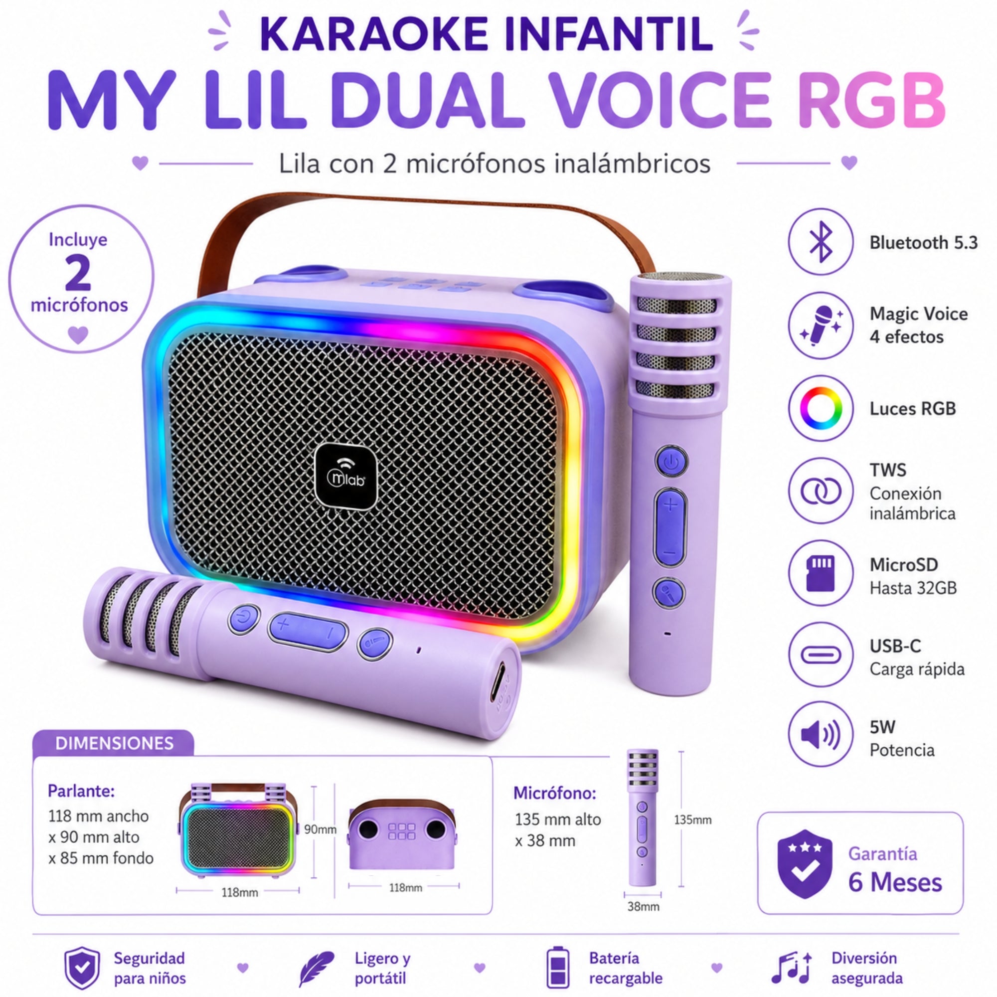 Karaoke Infantil RGB con 2 Micrófonos Inalámbricos Lila My Lil Dual Voice