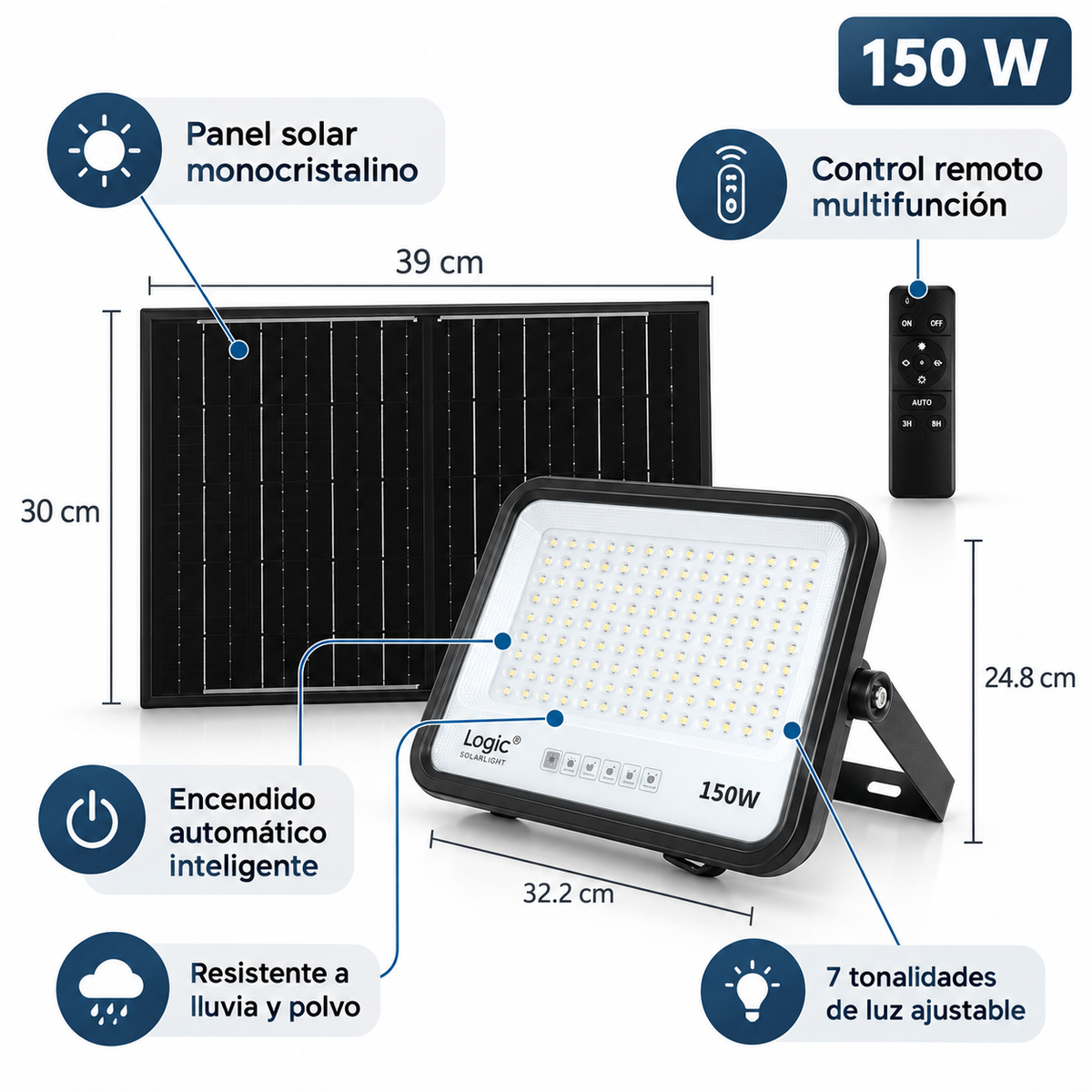 Proyector LED 150W con Panel Solar Independiente + Cable 5MT