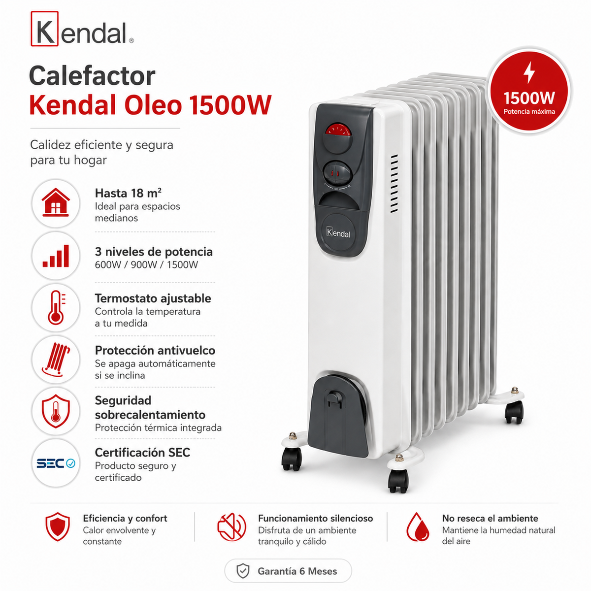 Calefactor Kendal OLEO 1500W Ajustables KO-15000 Hasta 18 M2