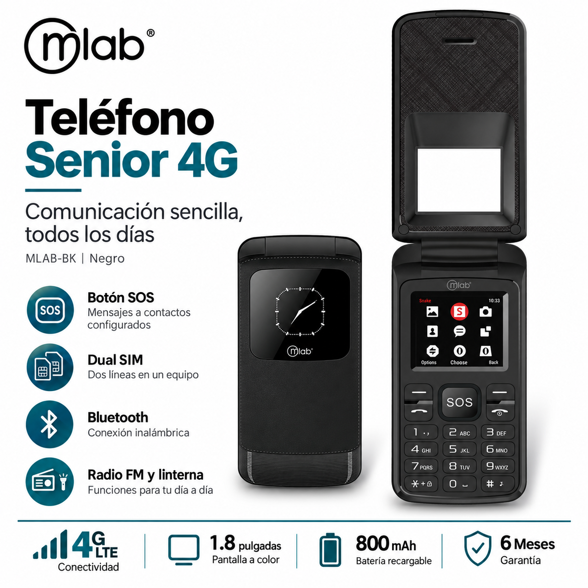 Teléfono Senior 4G de Adulto Mayor con Boton S. O. S MLAB-BK