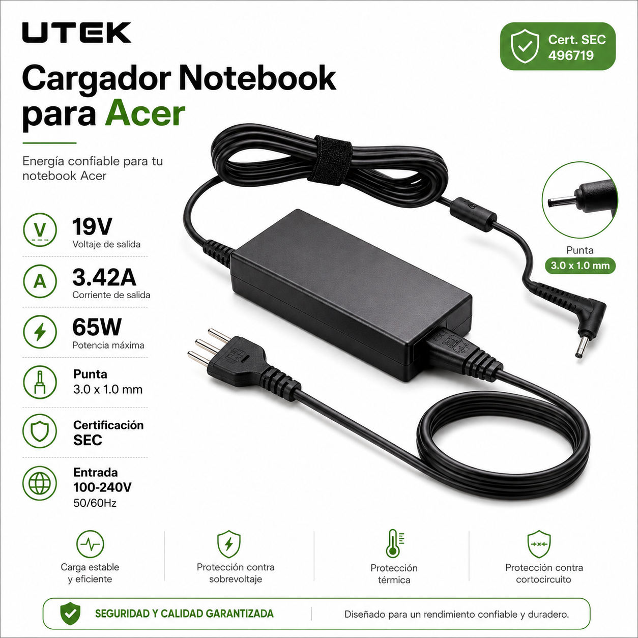 Cargador Notebook Para Acer 19V 3.42A 65W 3.0*1.0mm CERT SEC