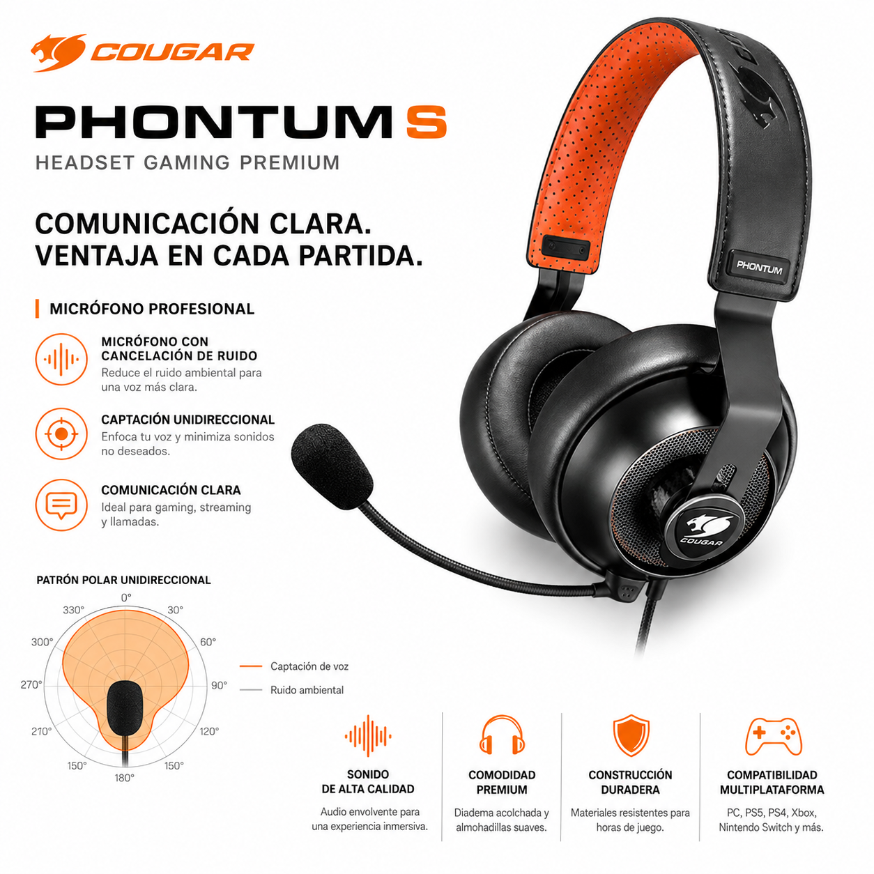 Audifono Gamer Cougar 53mm Phontum S Multiplataformas
