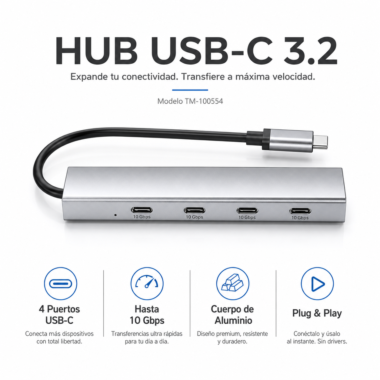 HUB USB-C 3.2 Aluminium 4 Puertos C TM-100554