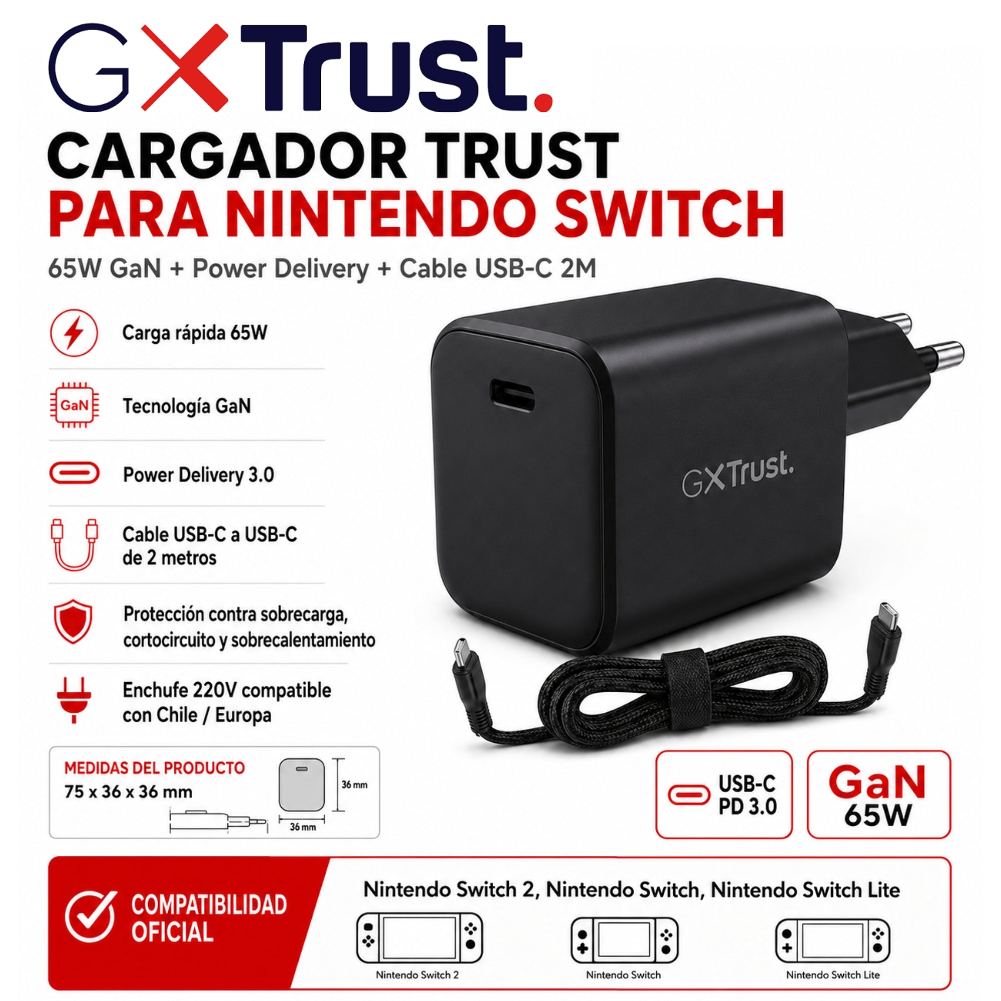 Cargador Trust para Nintendo Switch 65W PD + Cable USB-C 2M GXT 1258