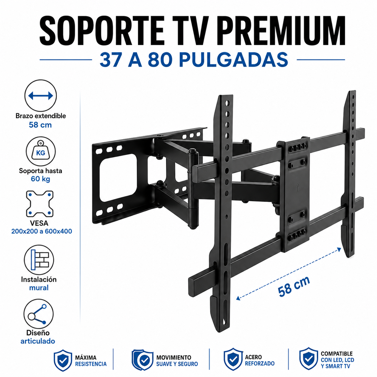 Soporte de TV Premium con Brazo de 58cm para TV de 32” a 80"