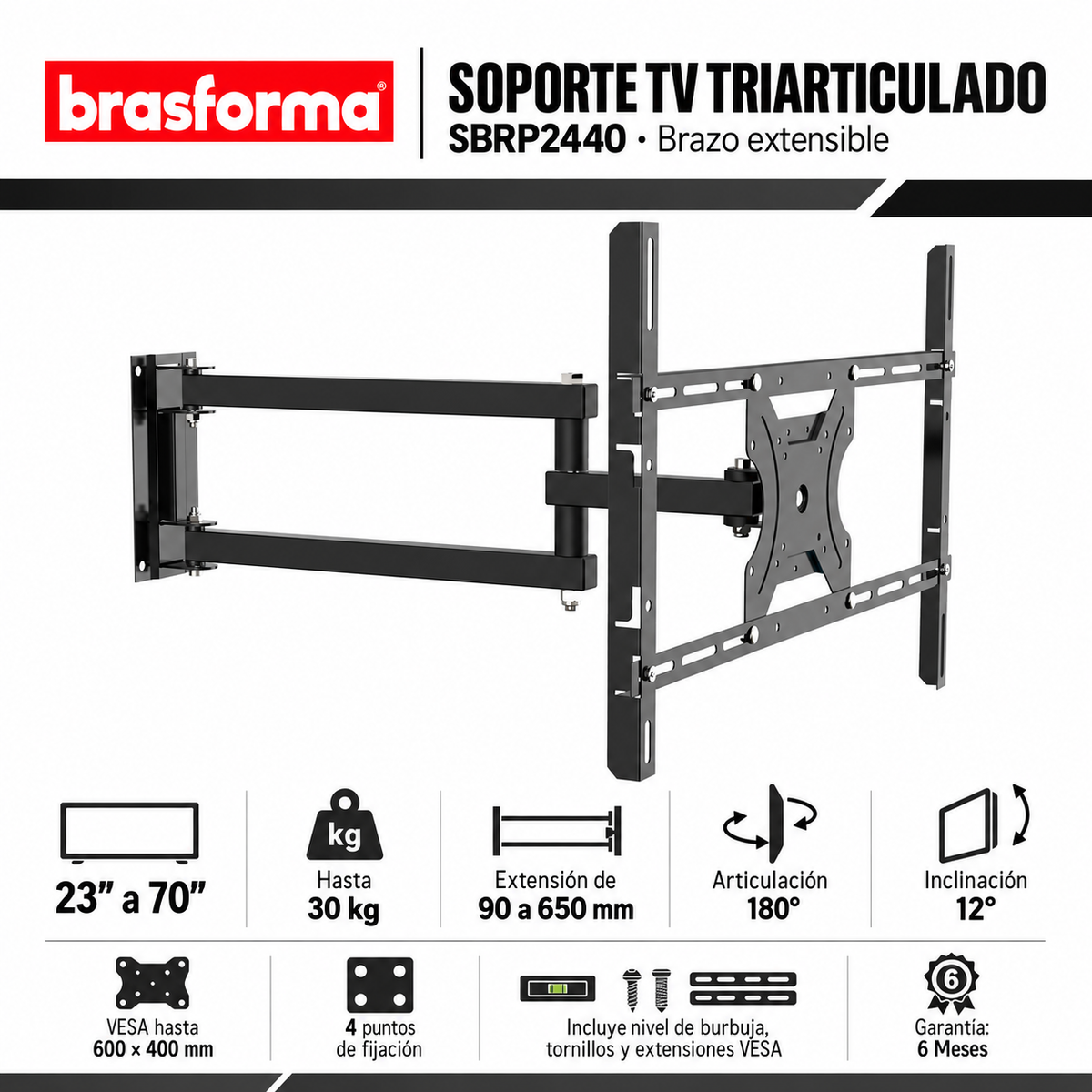 Soporte de TV con Brazo de 65CM para 70" Max Acero Reforzado