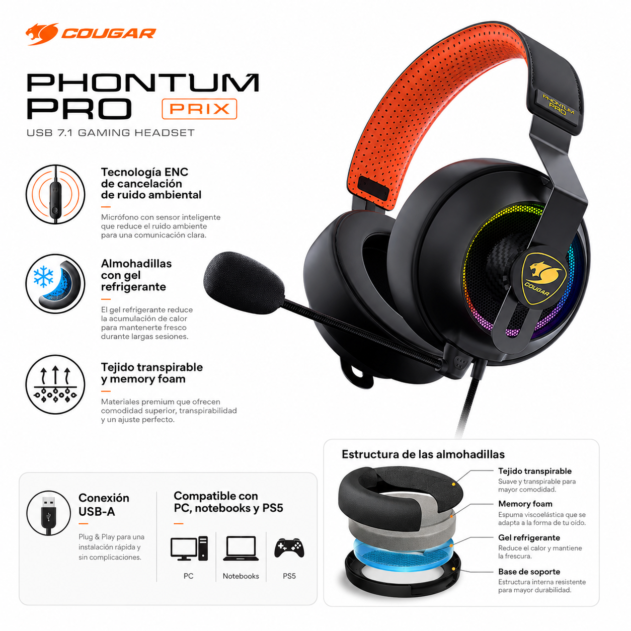 Audifonos Cougar Phontum Pro Prix USB 7.1 Multiplataformas