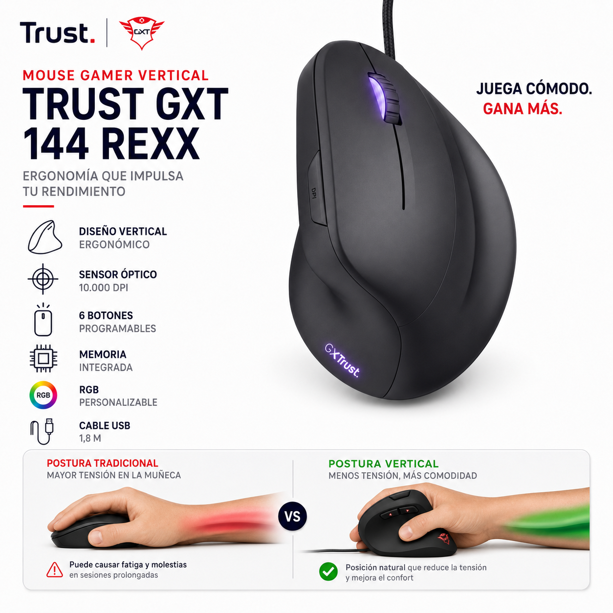 Mouse Gamer Vertical Pro Trust Gxt 144 Rexx 10.000 Dpi 22991