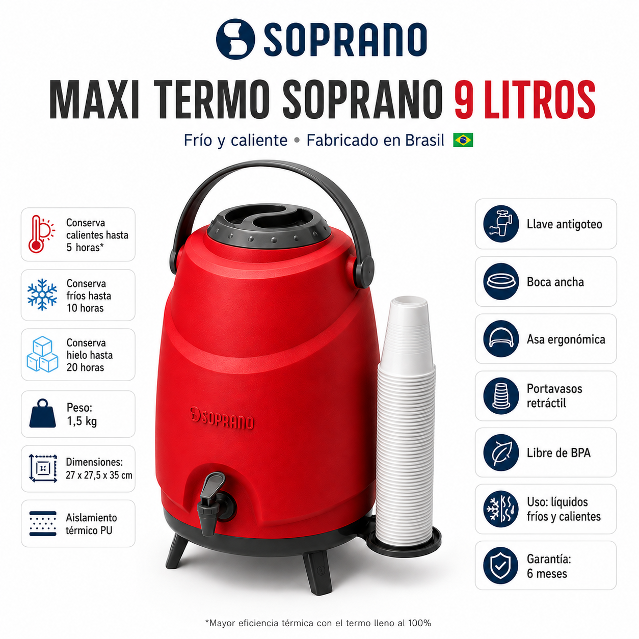 Maxi Termo 9LT Soprano RED Alta Eficiencia Water Cold & Hot