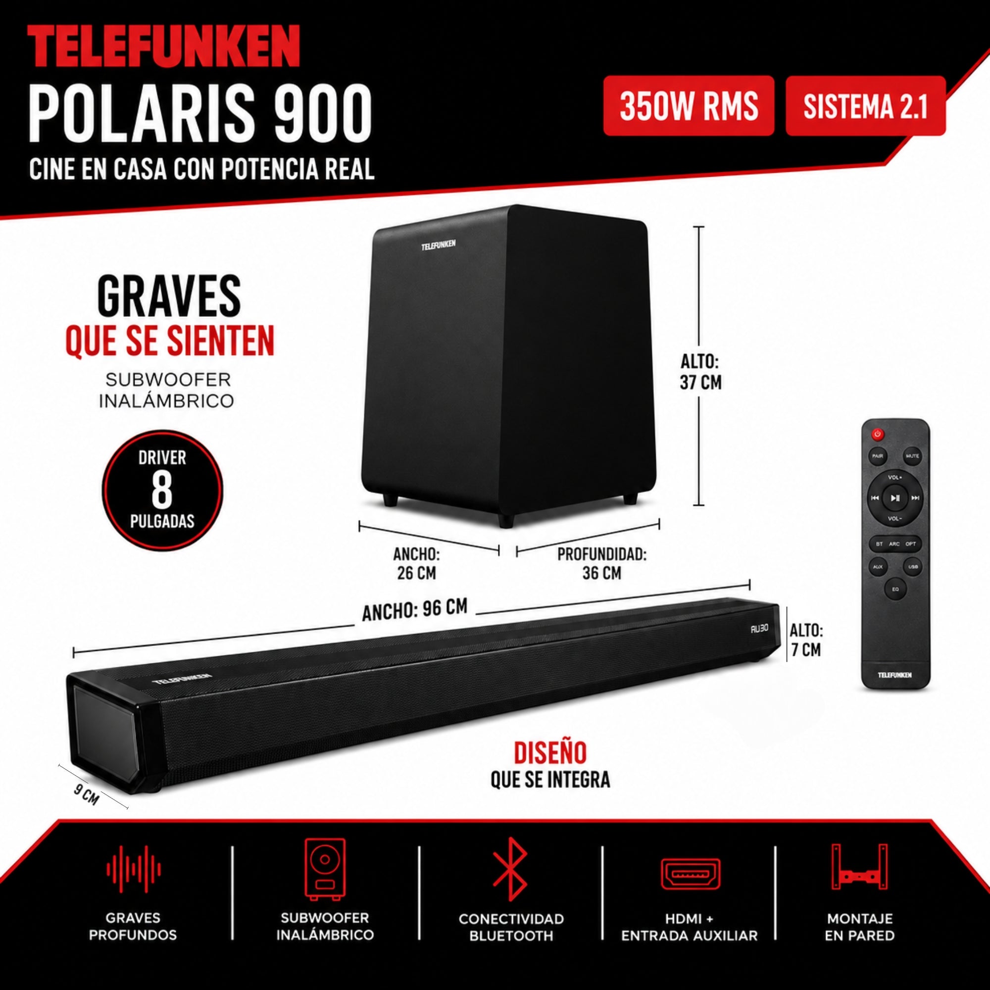 Soundbar + Subwoofer 8" Wireless Sound System Bluetooth 350W