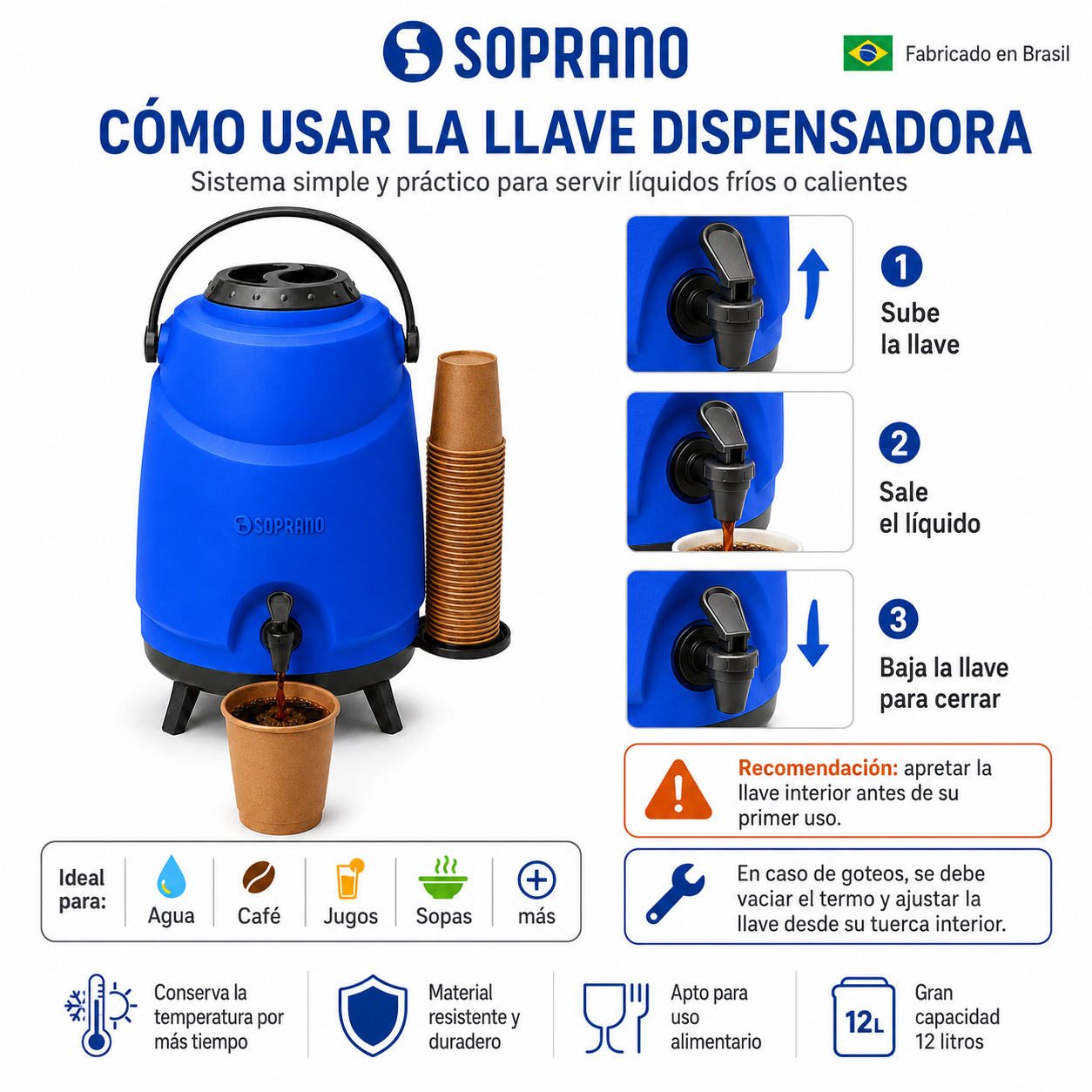 Maxi Termo 12 Litros Soprano Azul para Agua Fria y Caliente