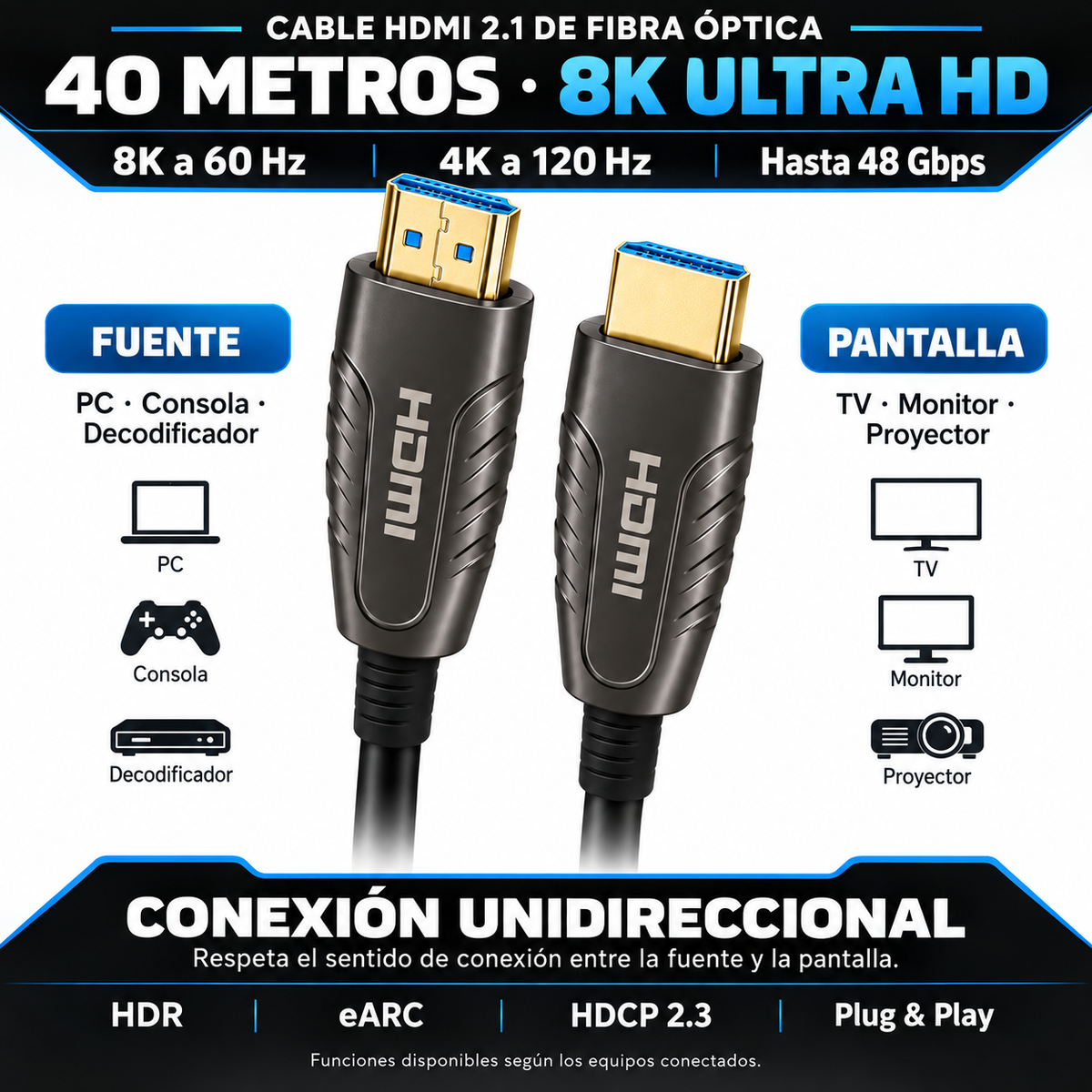 Cable HDMI 8K Profesional V2.1 de Fibra Óptica 40MT 48Gbps