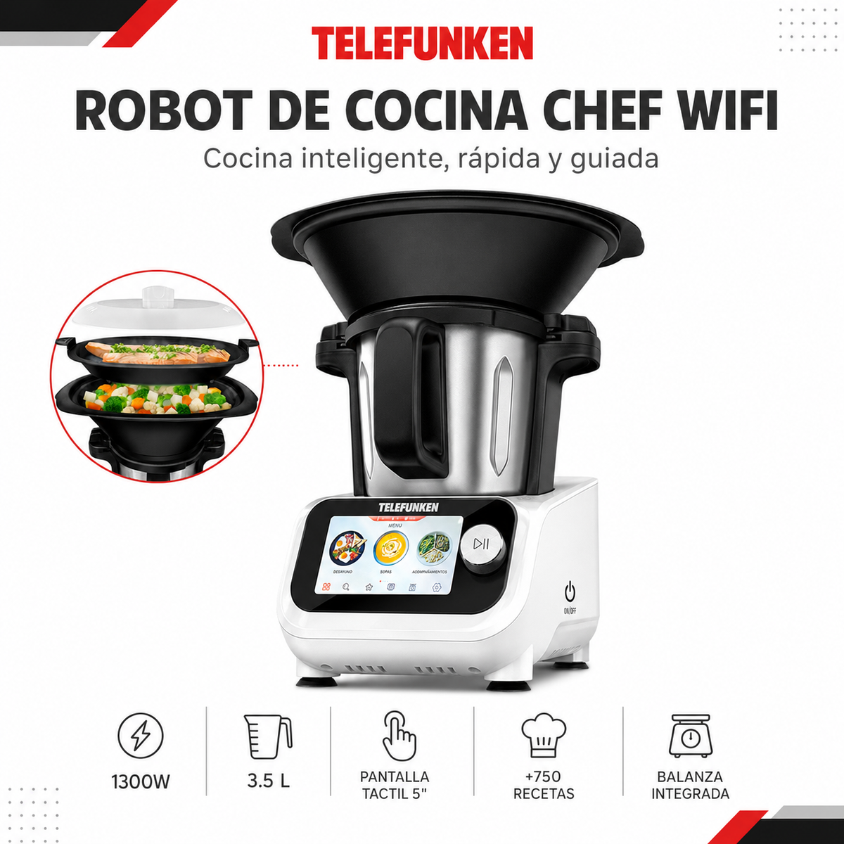 Robot de Cocina Touchscreen TELEFUNKEN CHEF WIFI 1300W 3.5L