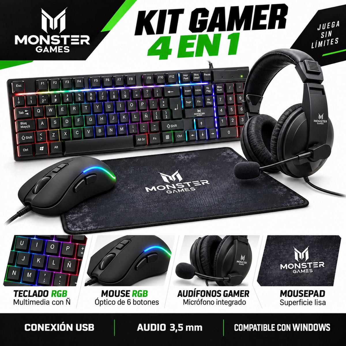 Kit Pro Gamer Mouse Teclado RGB Audifonos y Mouse Pad K4125