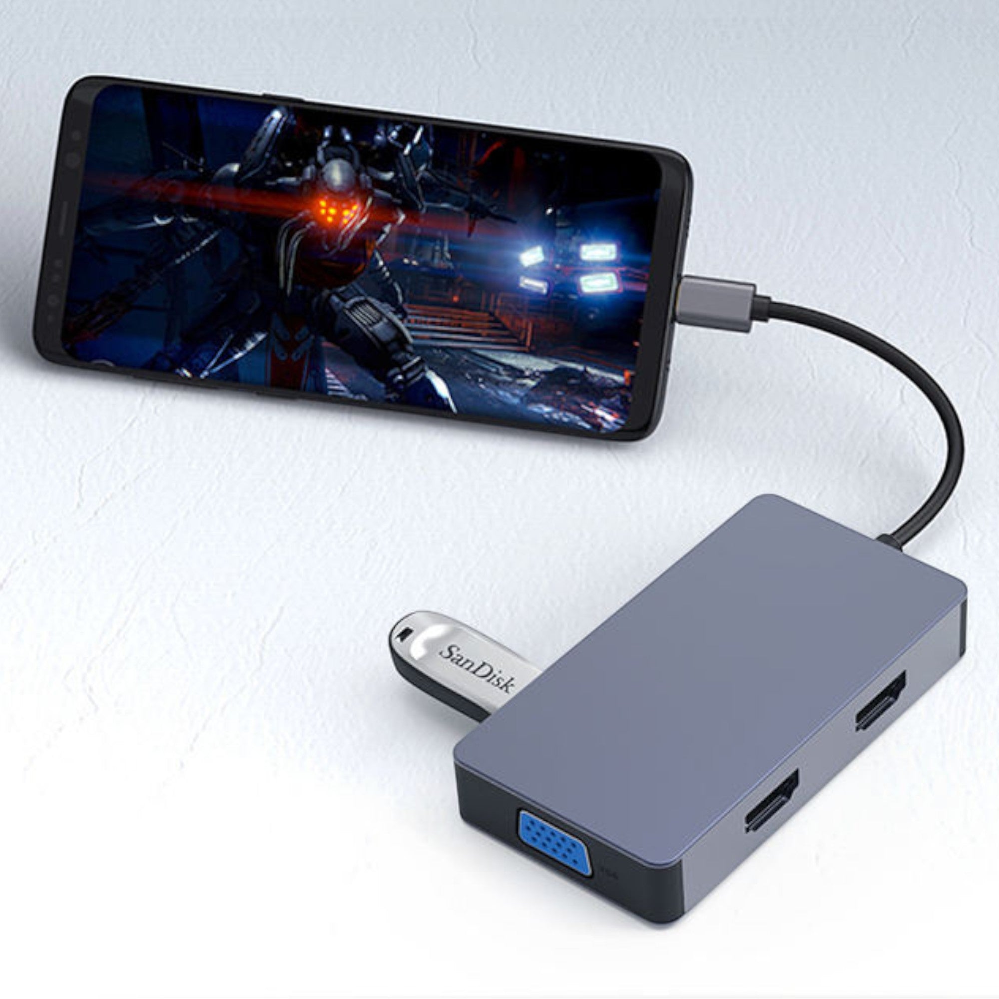Hub Adaptador Type-C (5en1) 4K HDMI X2/ VGA/ Type-C/ USB 3.0
