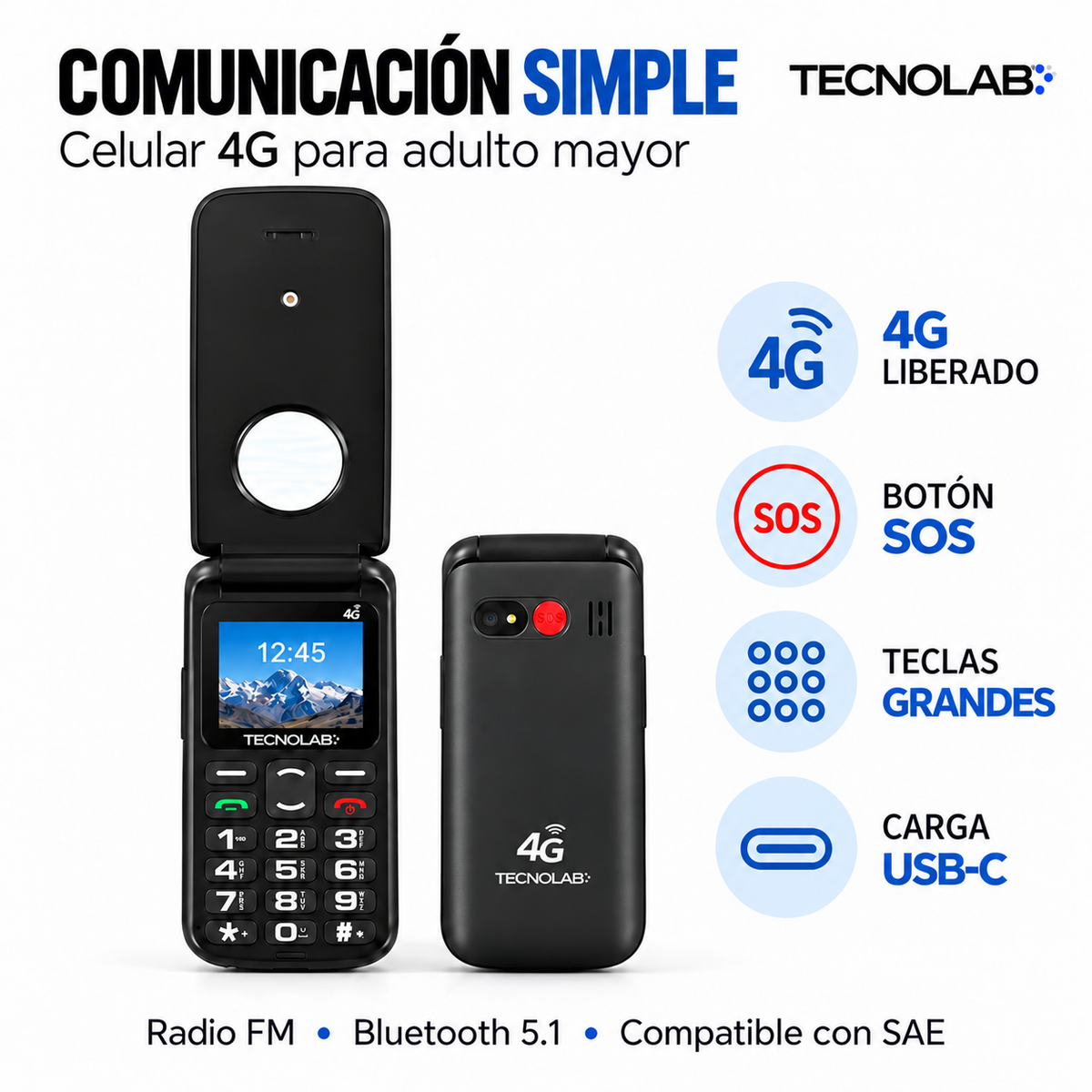 Celular Adulto Mayor 4G Tipo Almeja Liberado Botón SOS Negro