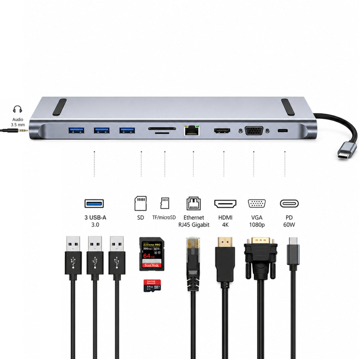 Hub Multipuerto Type-C (10en1) Profesional PD60W 4K Gigabyte