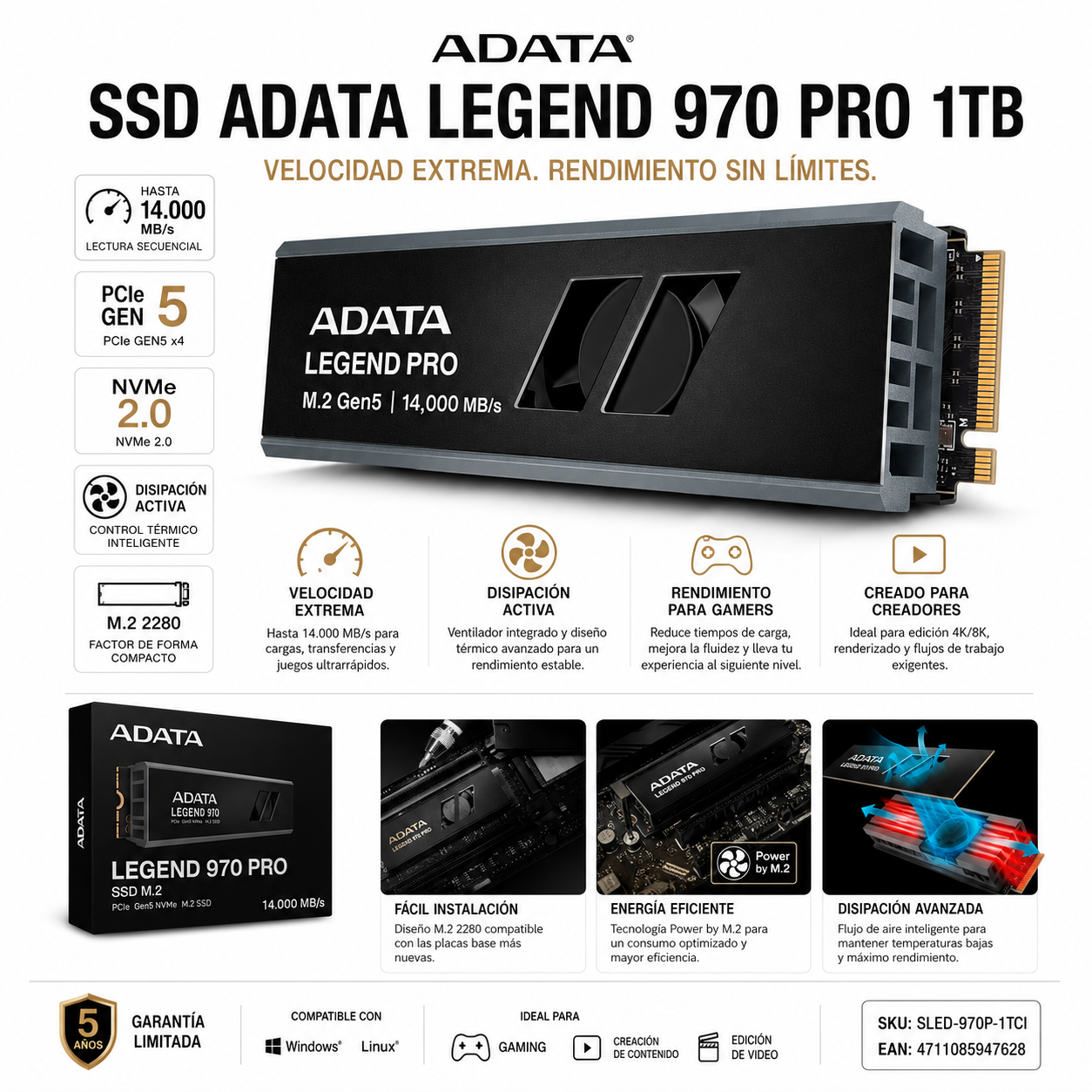 Disco Solido SSD 1TB M.2 2280 Legend 970 PRO Gen5 14000 Mb/s