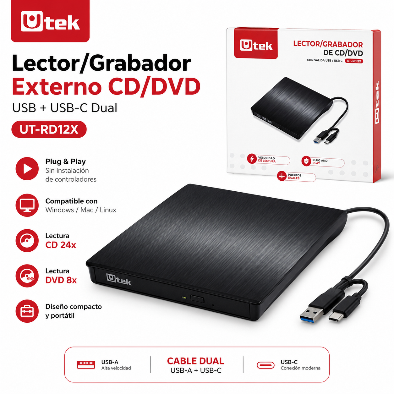 Grabador y Lector Externo de CD/DVD Dual USB / USB-C RD12X