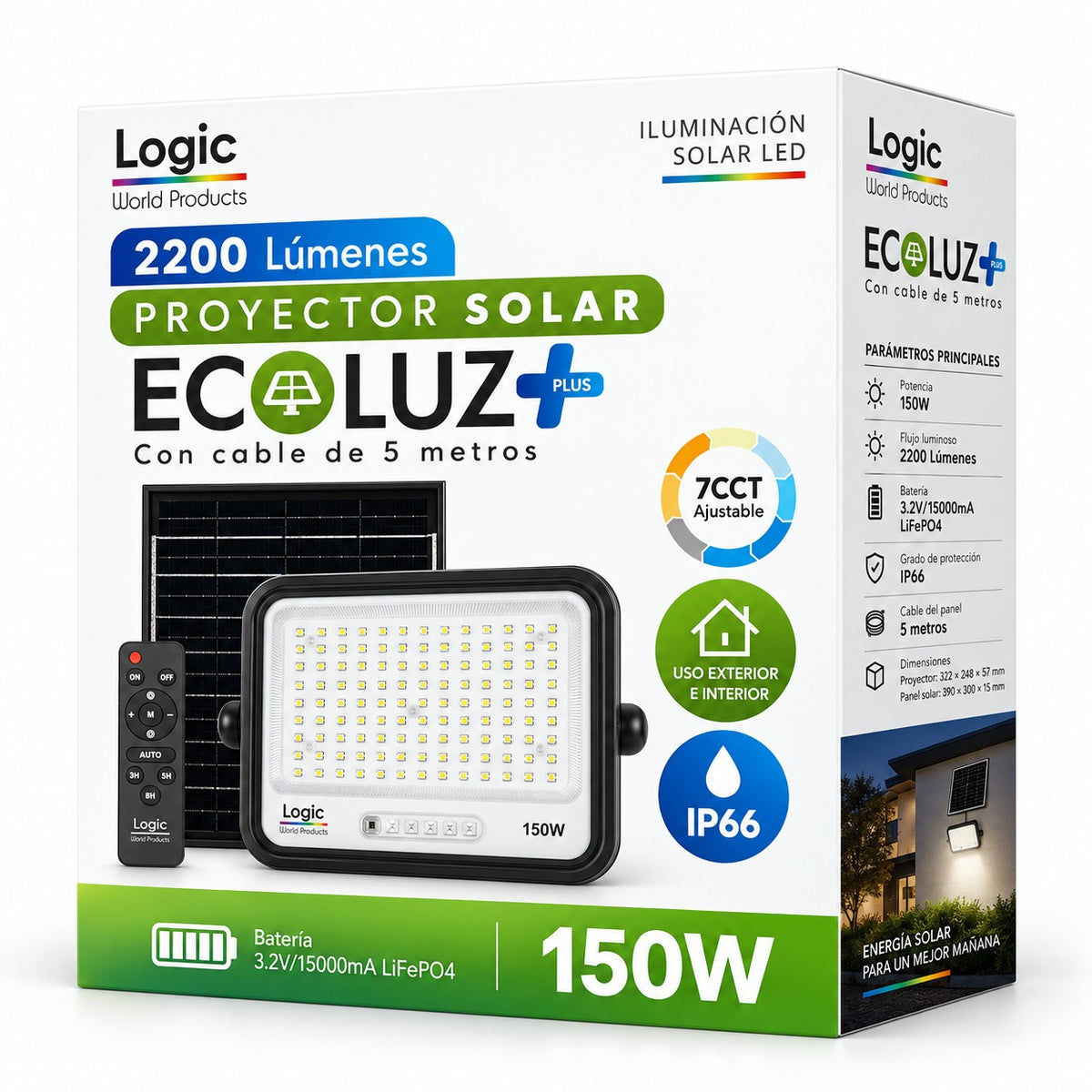 Proyector LED 150W con Panel Solar Independiente + Cable 5MT