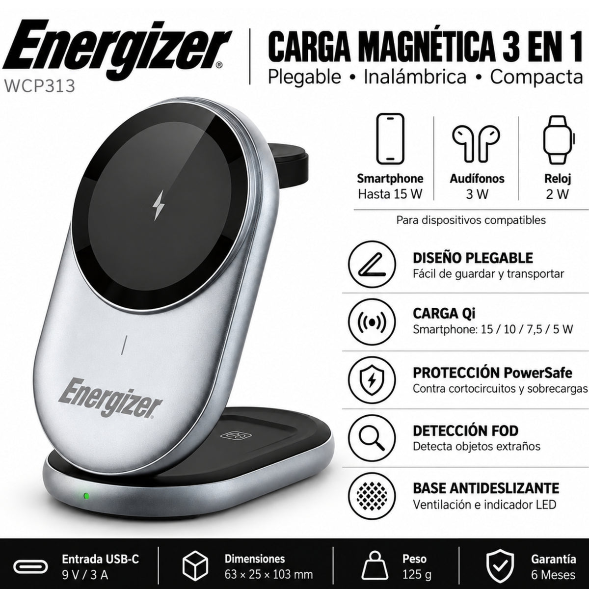 Base de Carga Inalámbrica Magnética Energizer 15W 3en1