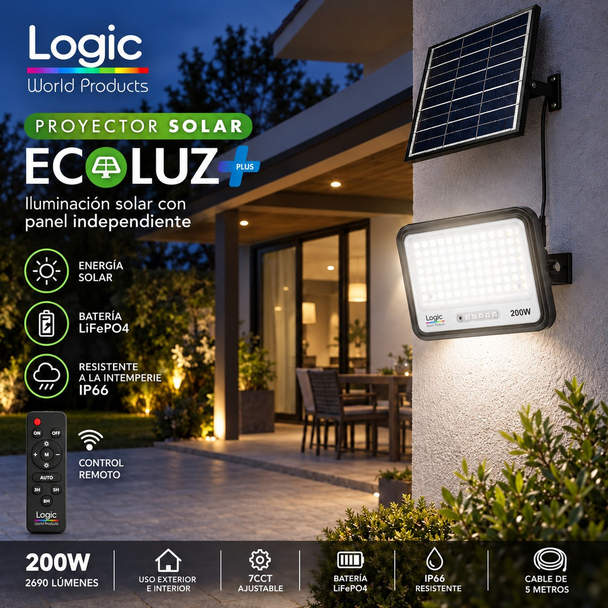 Proyector LED 200W con Panel Solar Independiente + Cable 5MT