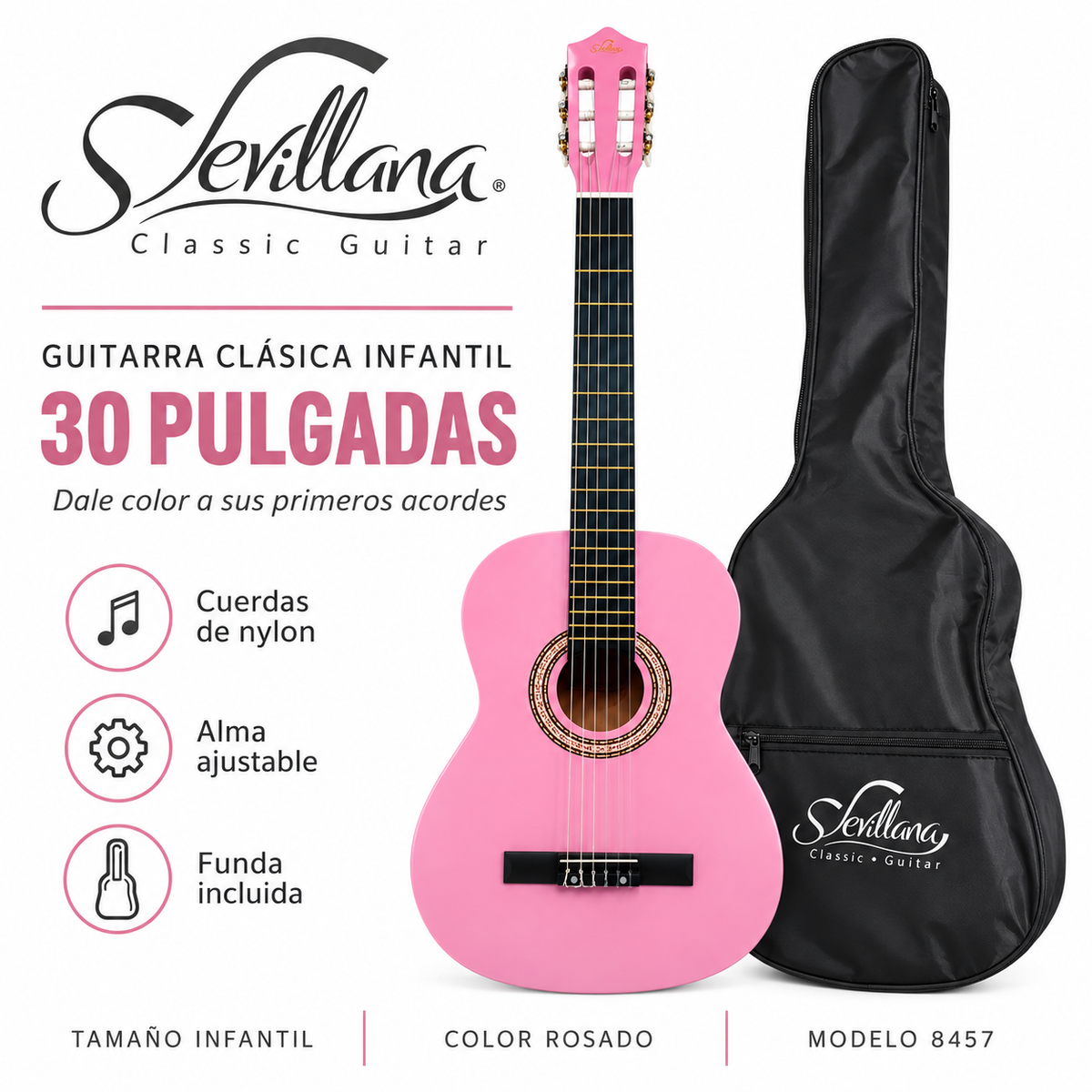 Guitarra Clásica Sevillana Rosada 30” Con Alma + Funda 8457