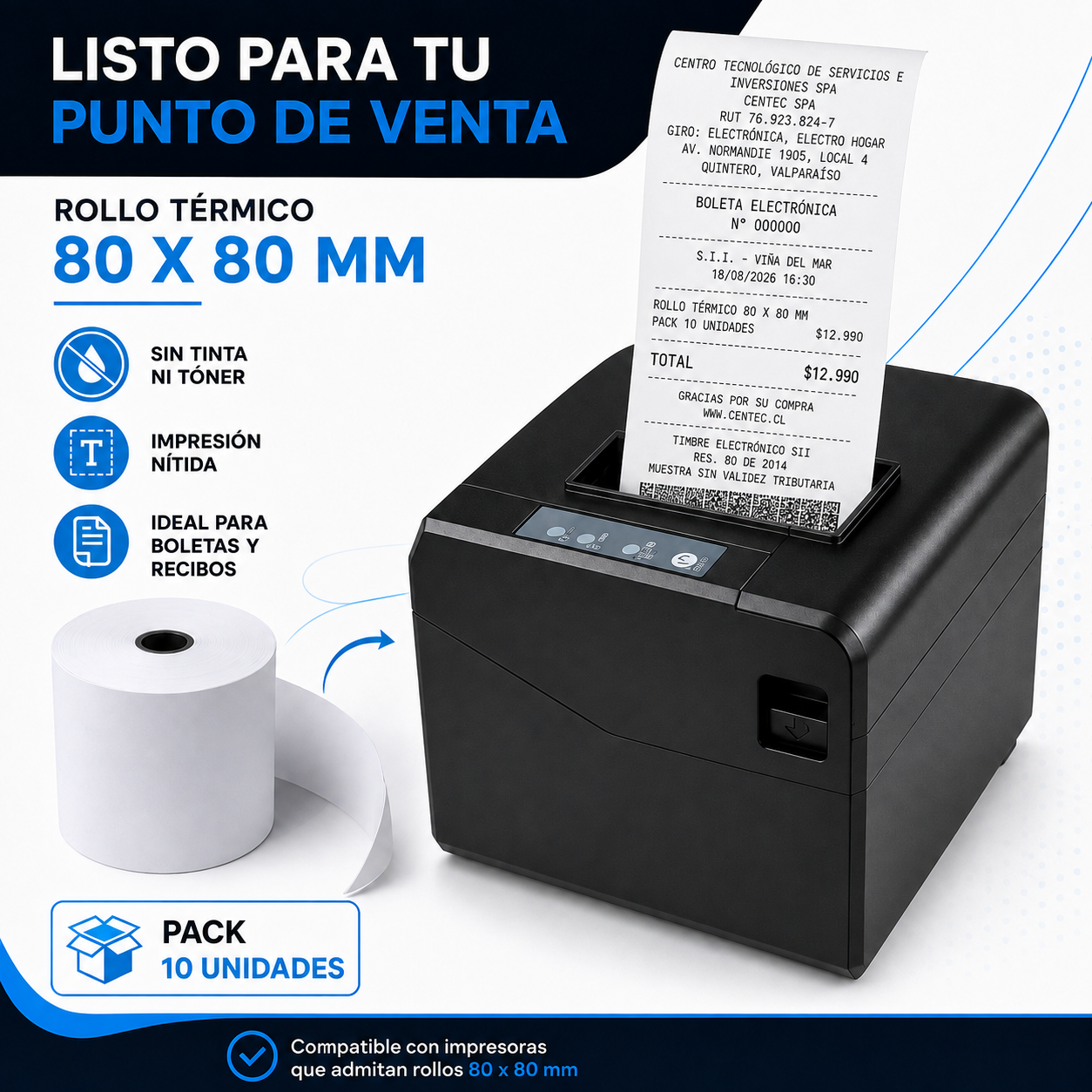 Rollo Térmico 80X80mm (Pack 10 Unidades) Premium Quality 59G