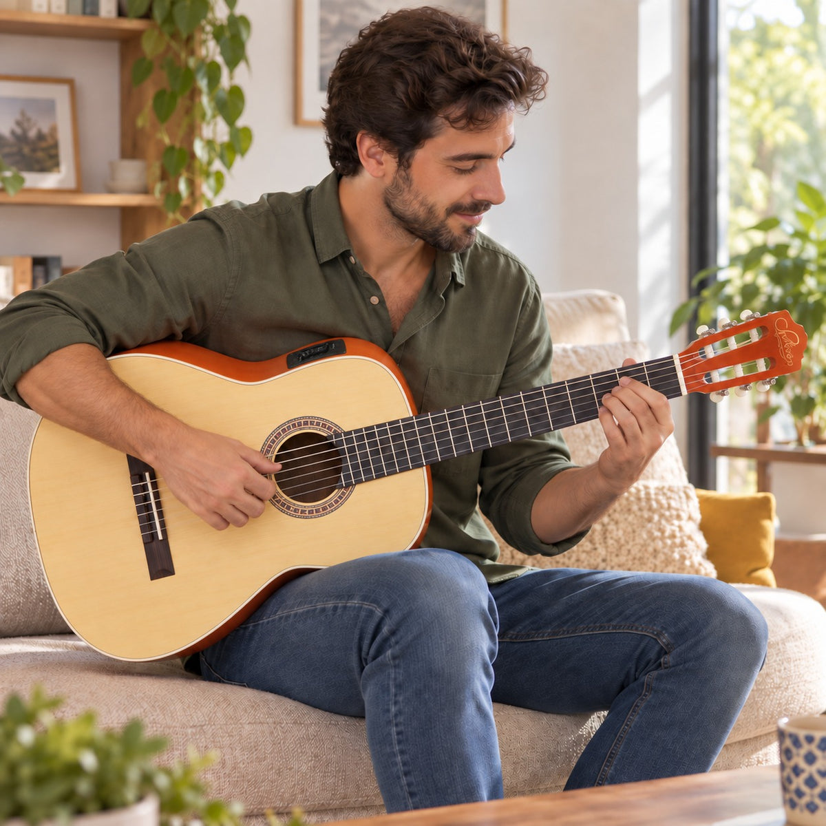 Guitarra Electroacústica Sevillana 39” Ultra Delgada Con Alma Ajustable y Funda