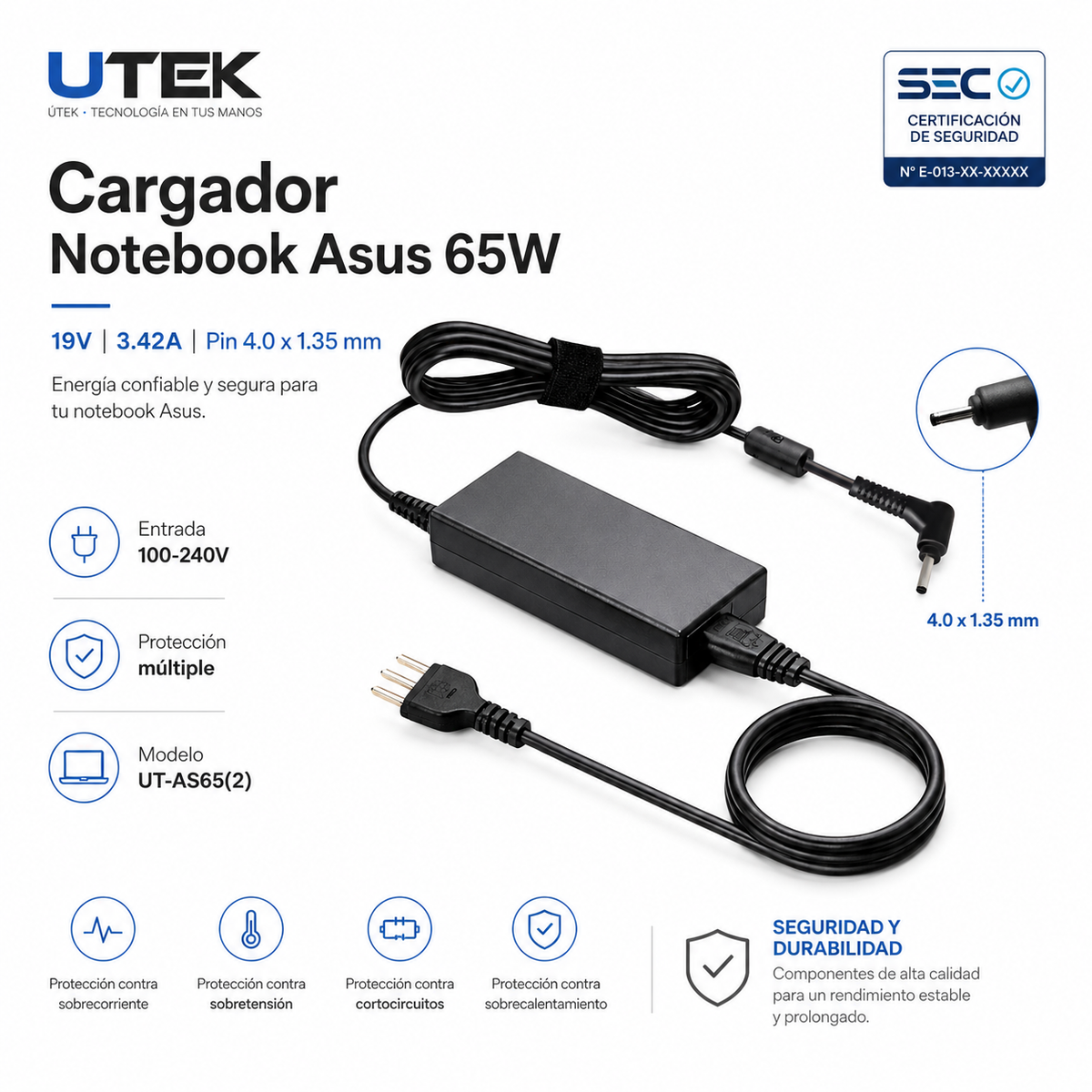 Cargador Notebook Para Asus 19V 3.42A PIN 4.0*1.35mm 65W SEC