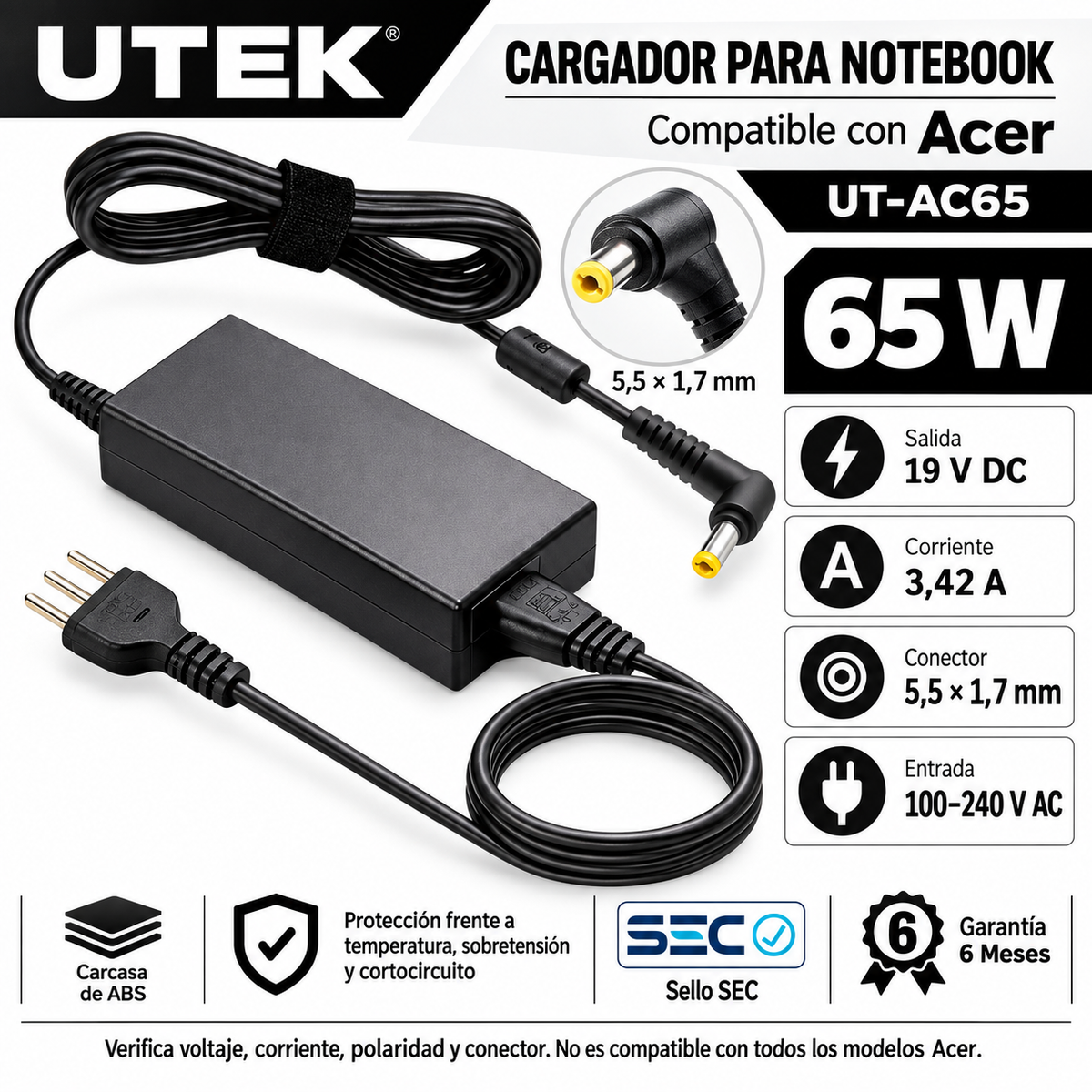 Cargador Notebook Para ACER 19v/3.42A 65W 5.5*1.7mm CERT SEC