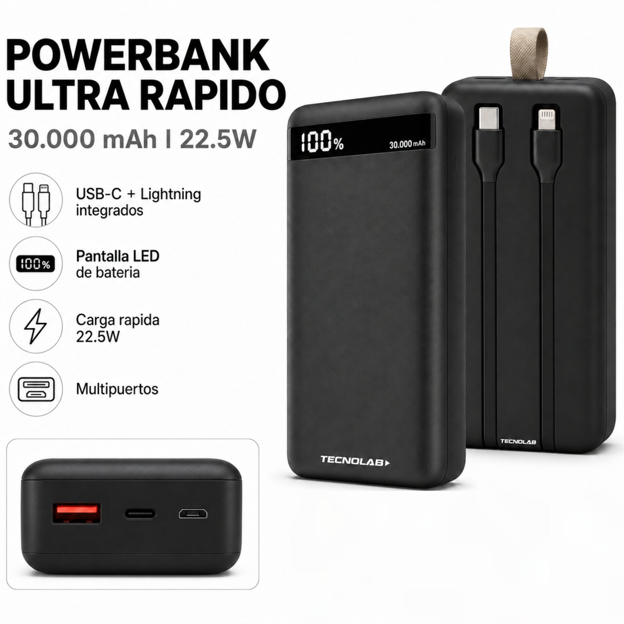 Powerbank Ultra Rápido de 30.000 MAH Multipuertos Black