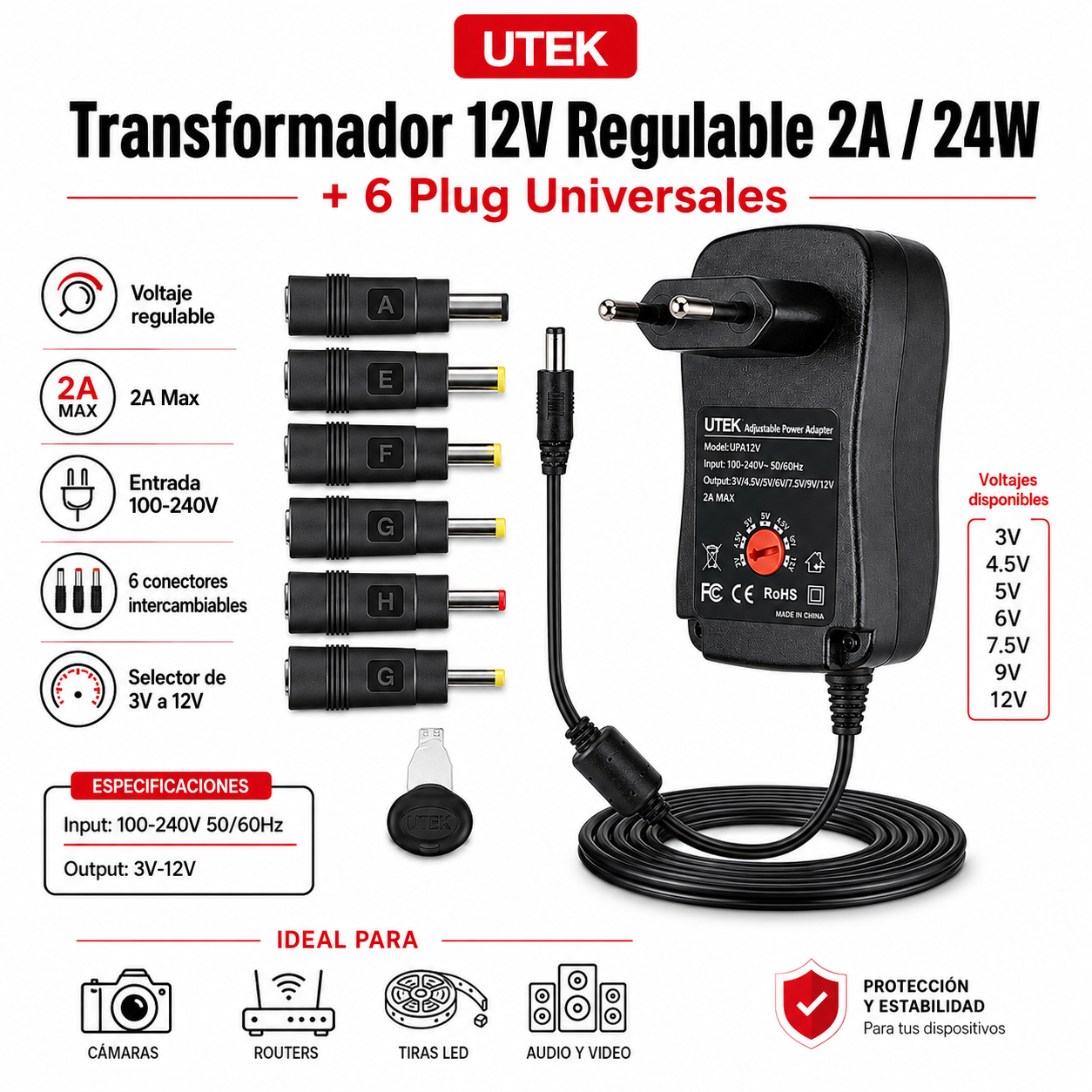 Transformador 12V Regulables 2A / 24W + 6 Plug Universales