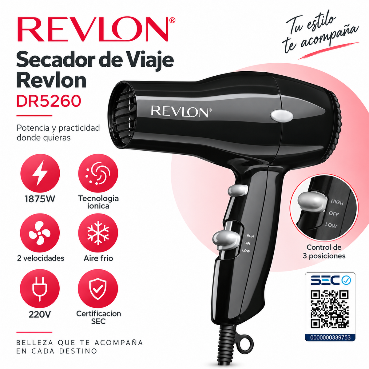 Secador de Cabello para Viajes Revlon DR5260 Negro ionizado