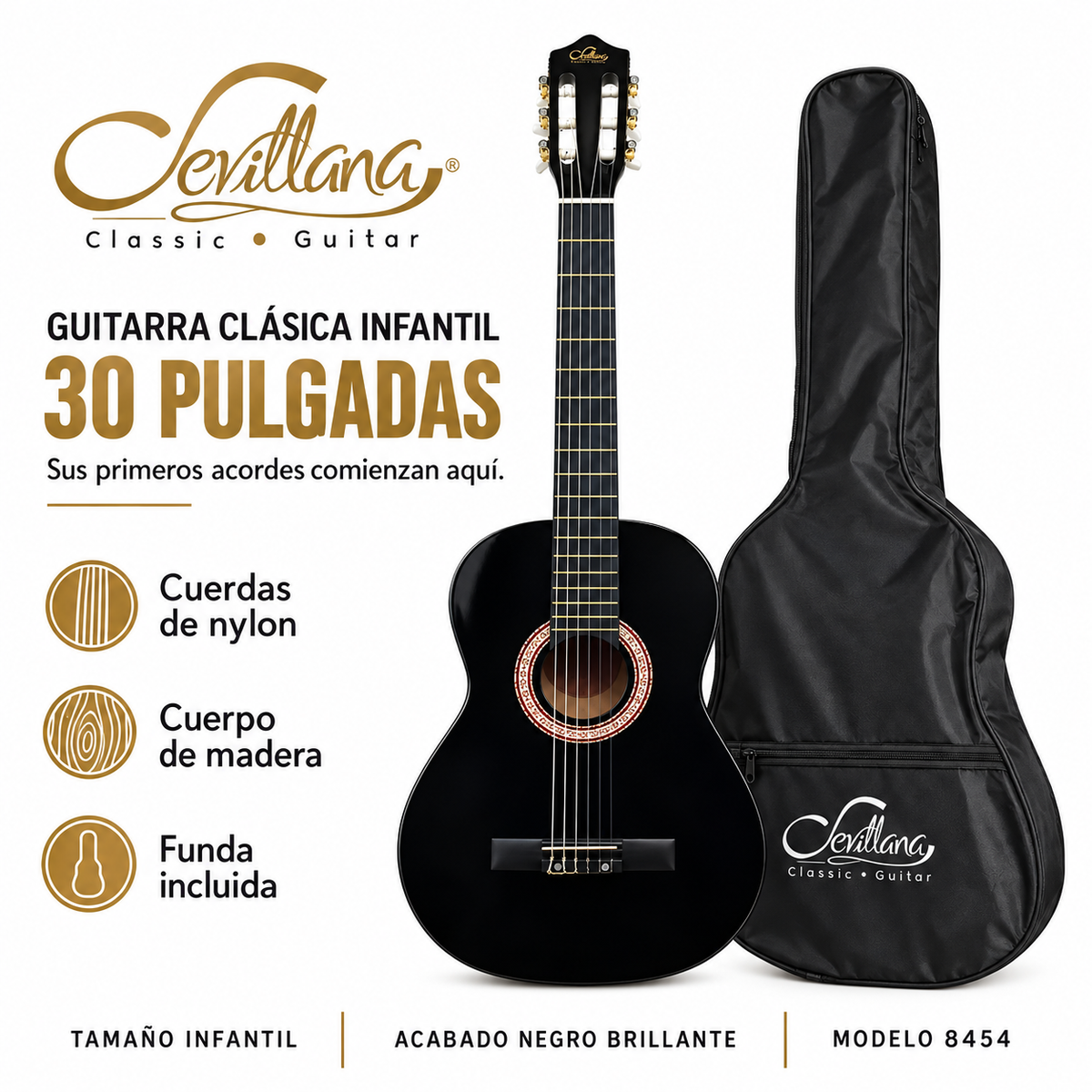 Guitarra Clásica Sevillana 30” para Niños Negro + Funda 8454