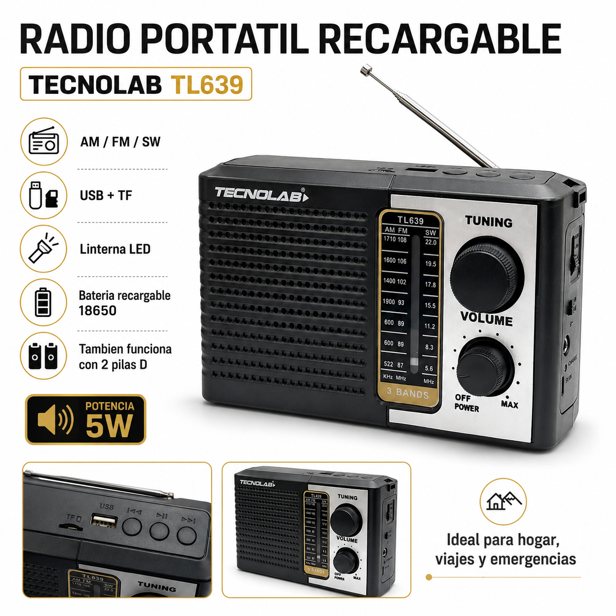 Radio Portátil AM/ FM/ SW Recargable +Pilas + Luz LED 5W RMS