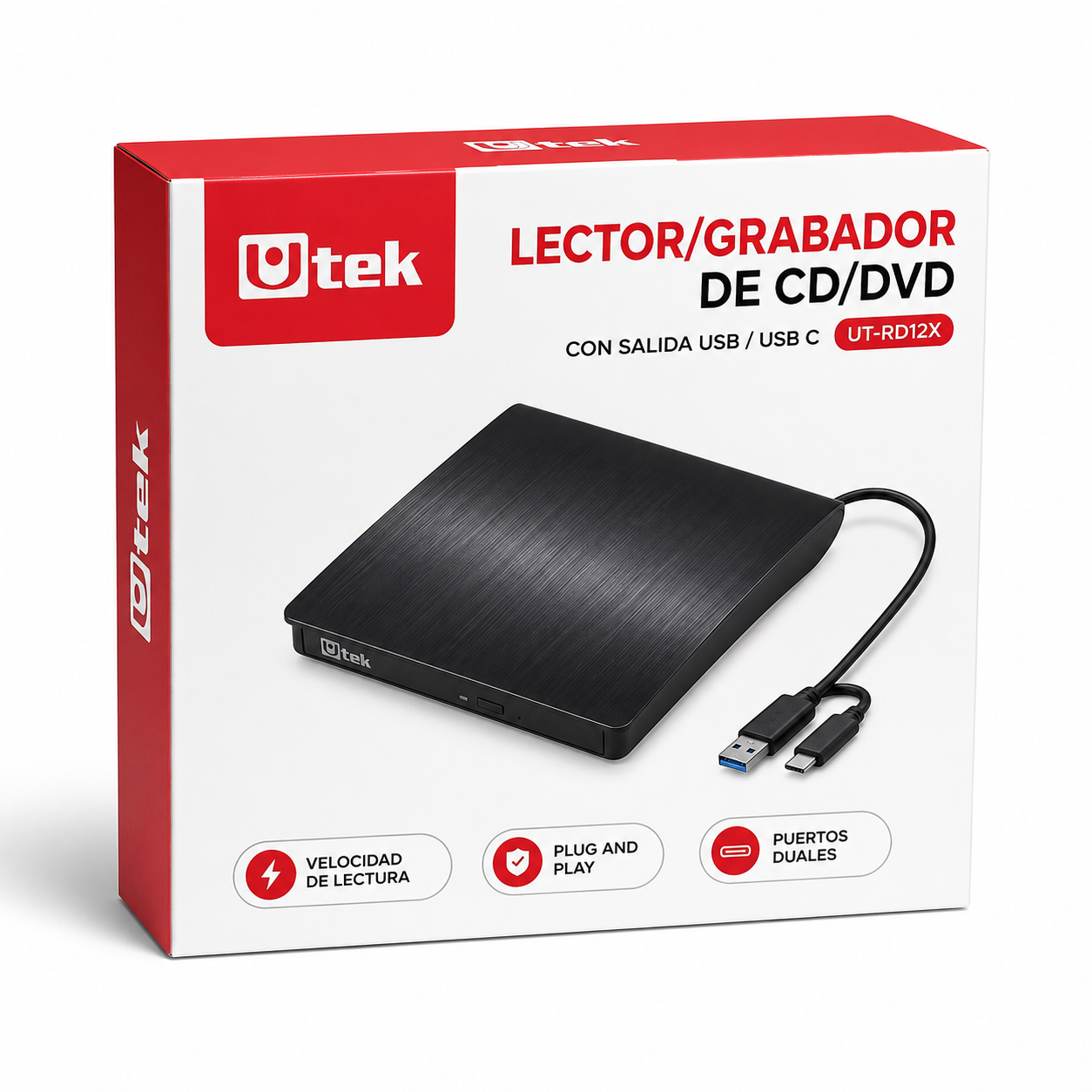 Grabador y Lector Externo de CD/DVD Dual USB / USB-C RD12X