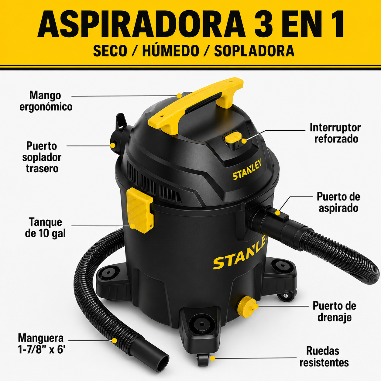 Aspiradora Stanley 5HP Función Seco & Húmedo 30L 19117 Black