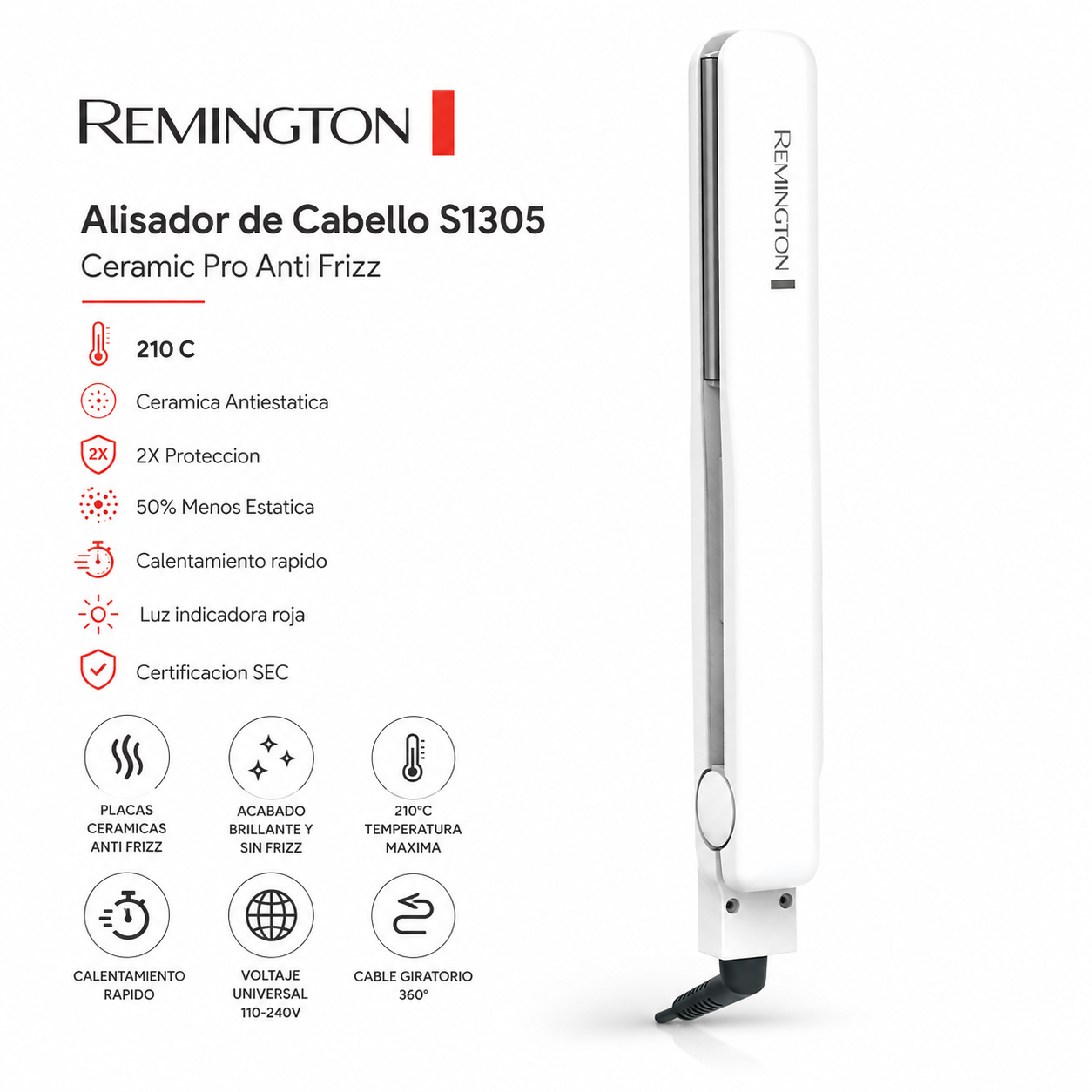 Alisador De Cabello Remington S1305 Ceramic Pro Anti Frizz