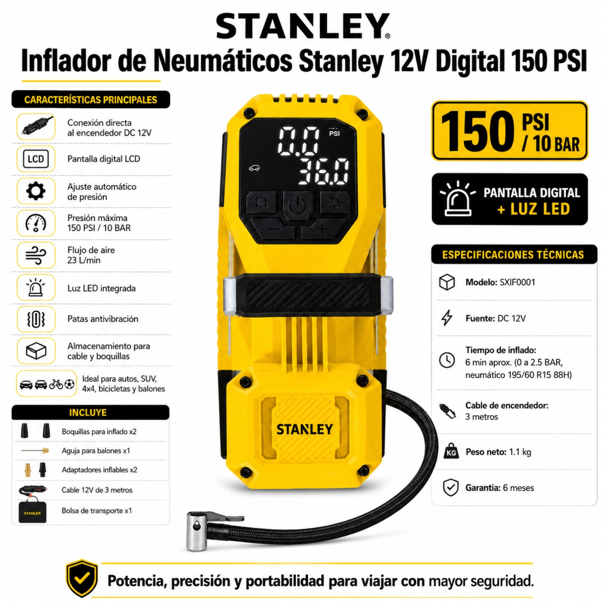 Inflador de Neumáticos Stanley 12V Autos-4x4-Camiones 145 PSI Max