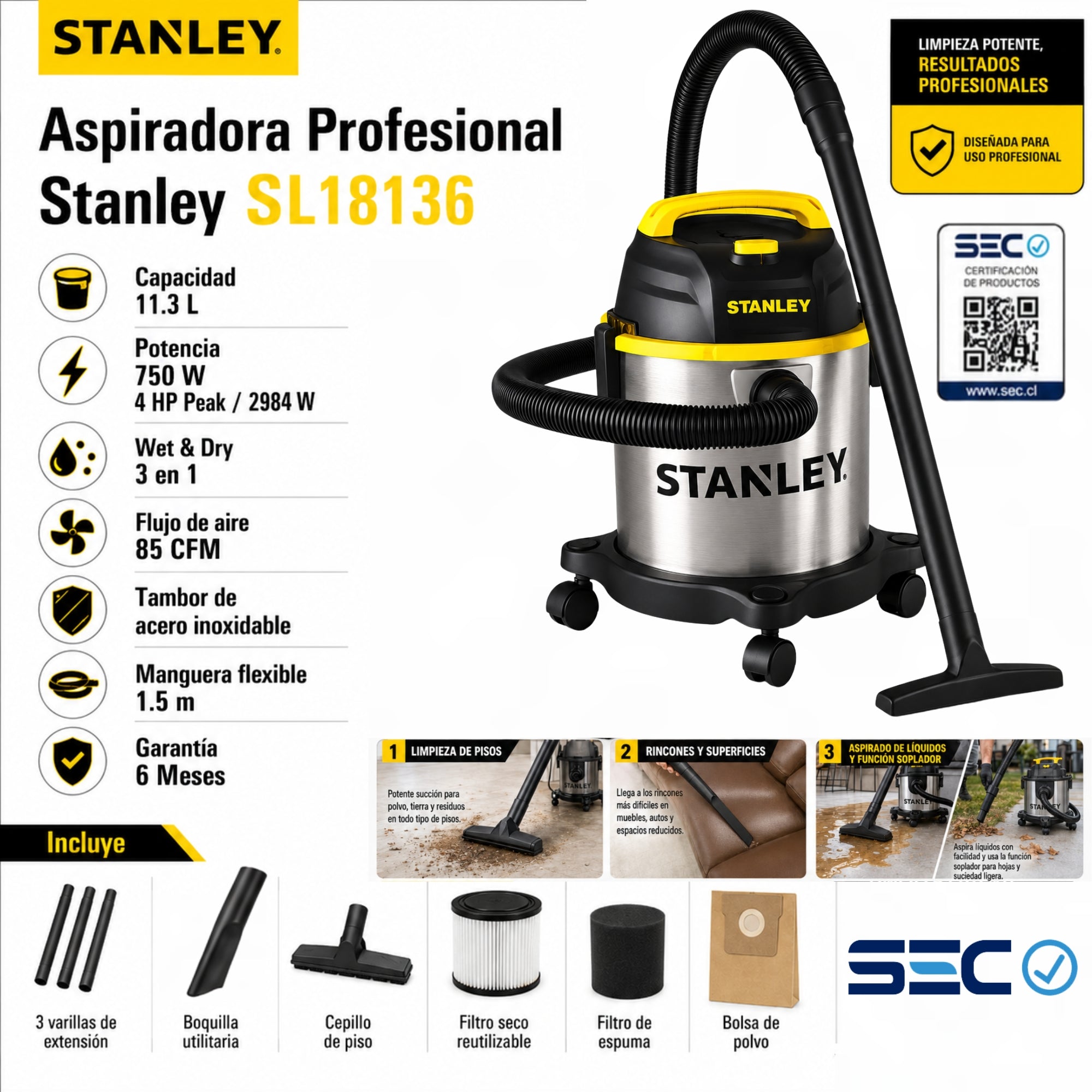 Aspiradora Profesional Stanley Inoxidable SL18136 11 Litros