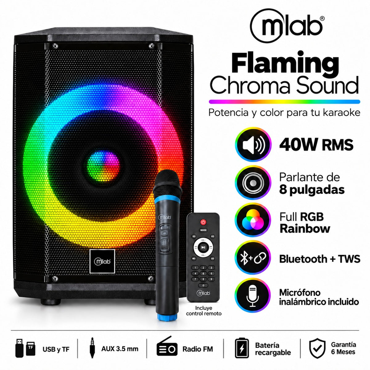 Parlante Bluetooth Flaming Chroma RGB 40W RMS c/Mic Wireless