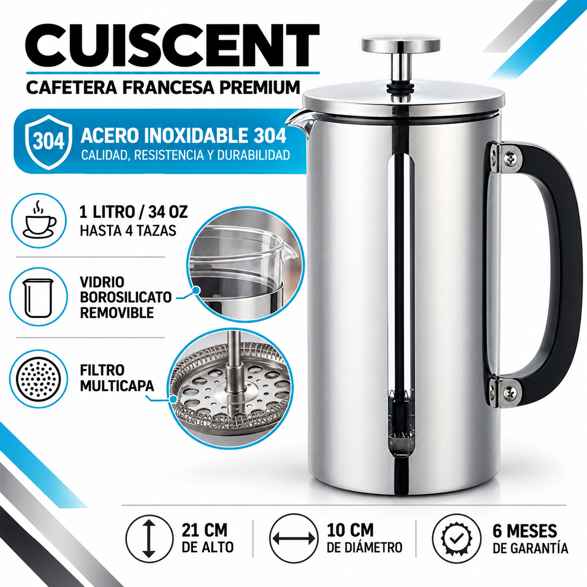 Cafetera Francesa Premium de Acero Inoxidable Cuiscent 1LT