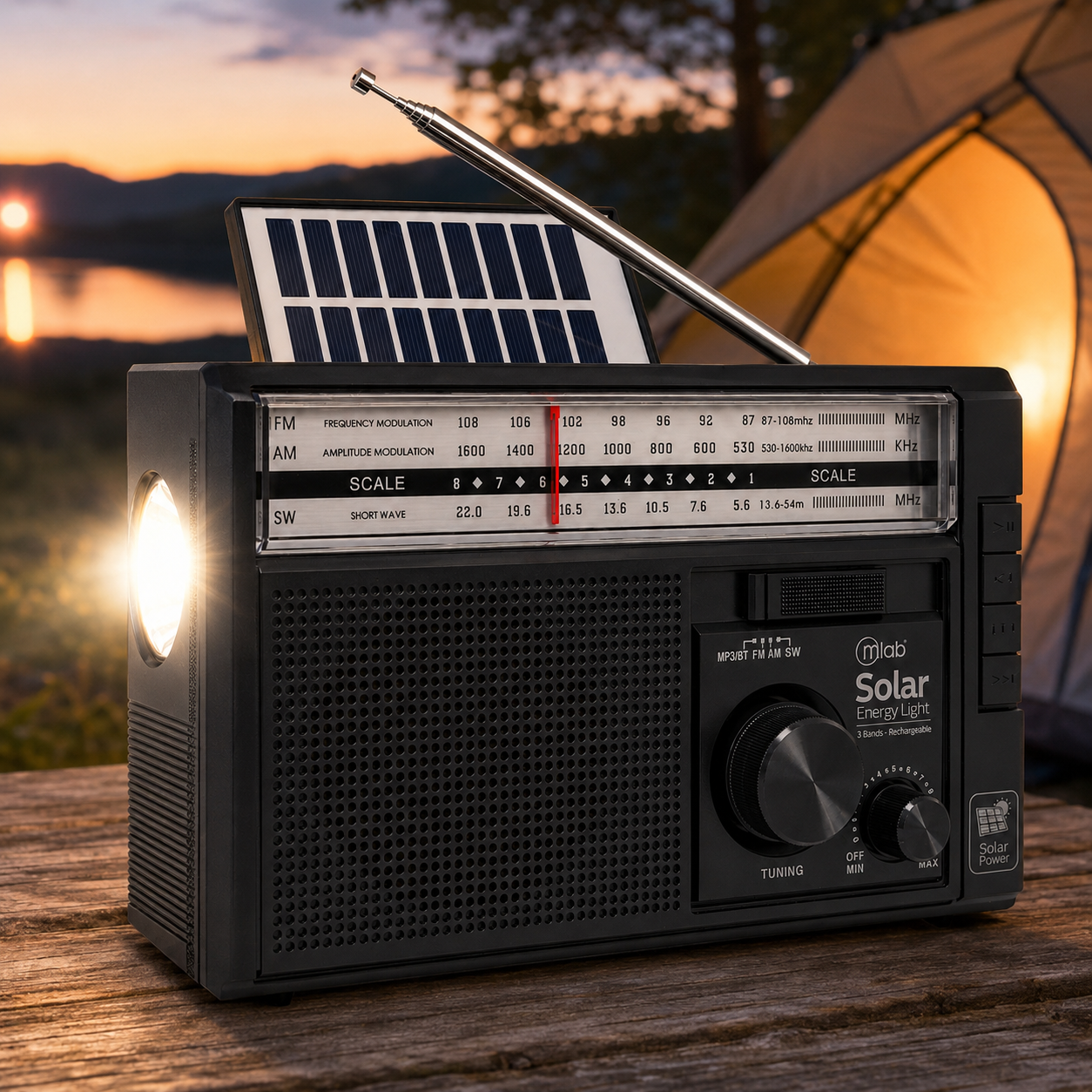 Radio AM/ FM/ SW/ BT Recargable USB-C + Carga Solar & Pilas