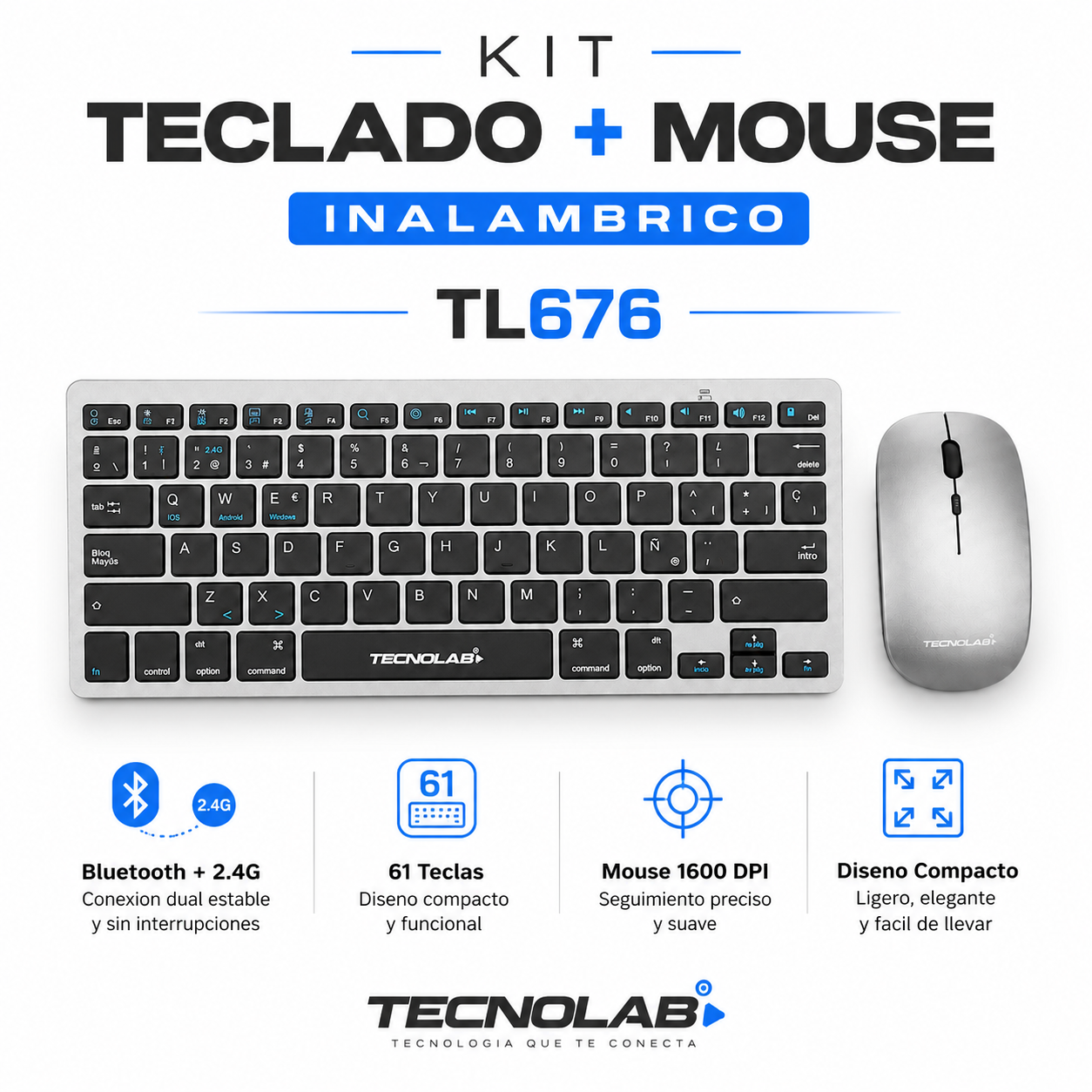 KIT Teclado y Mouse Inalámbrico Conexión Bluetooth + USB 2G