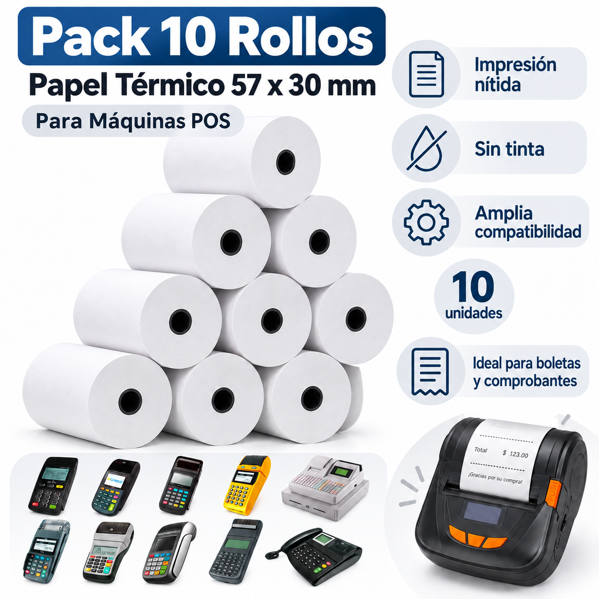 Pack de 10 Rollos Térmicos 57mmx30mm Estándar Maquinas POS