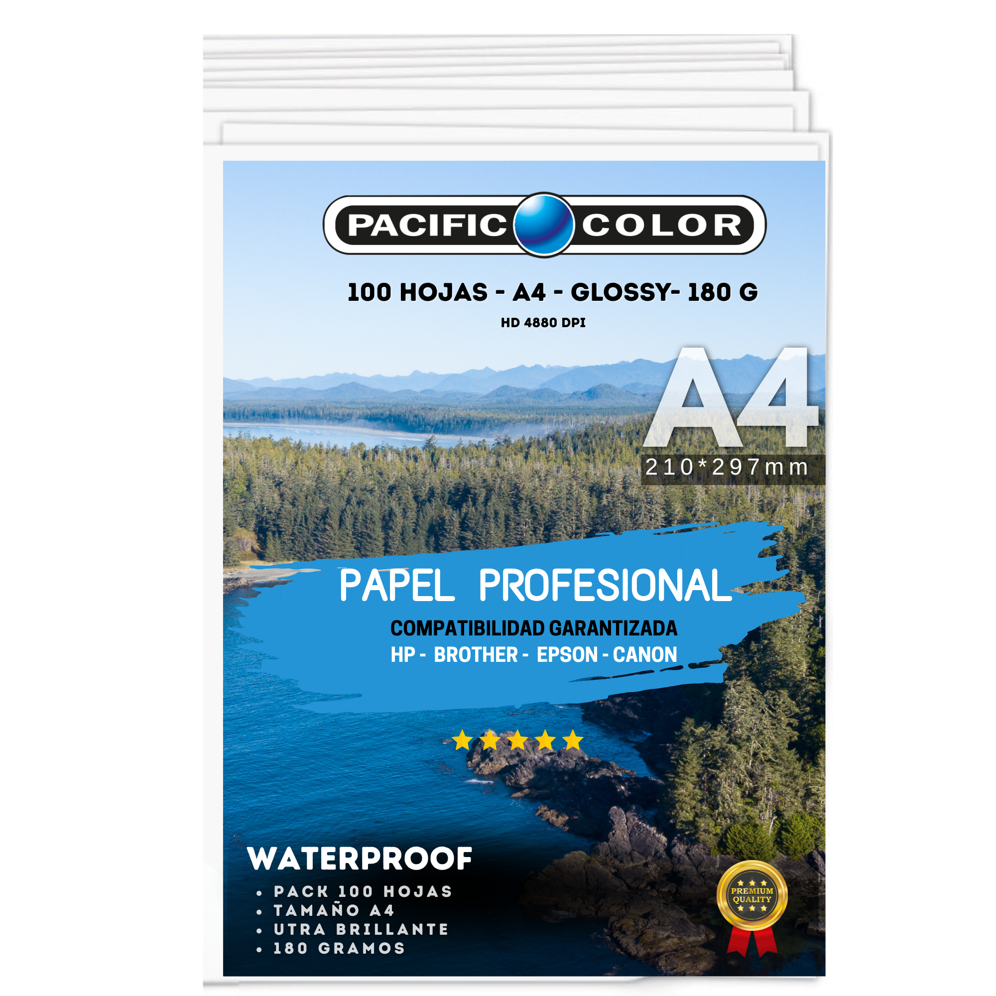 Papel Fotográfico Premium 180g HD Waterproof -100 Hojas - A4