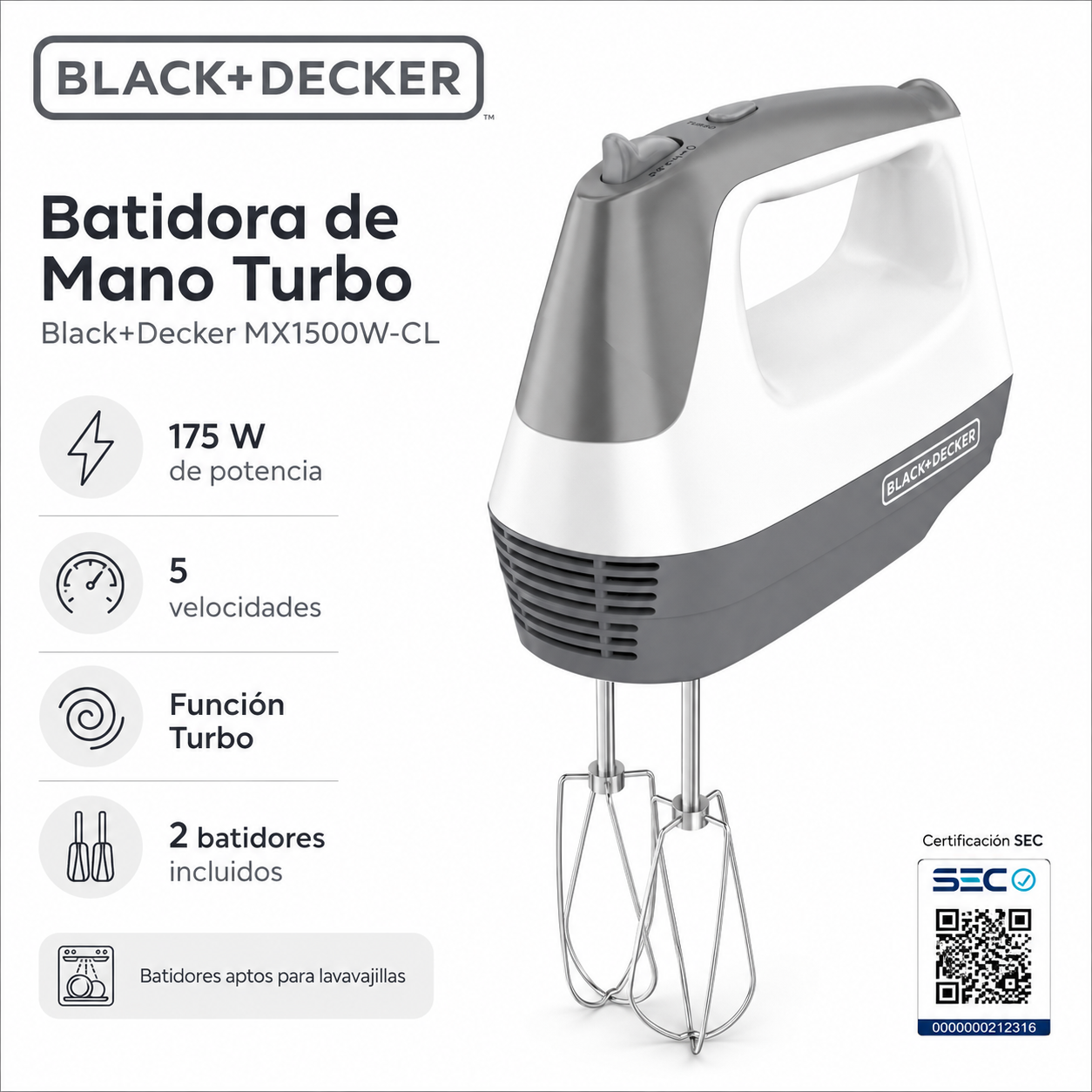 Batidora de Mano Black + Decker MX1500W-CL Turbo