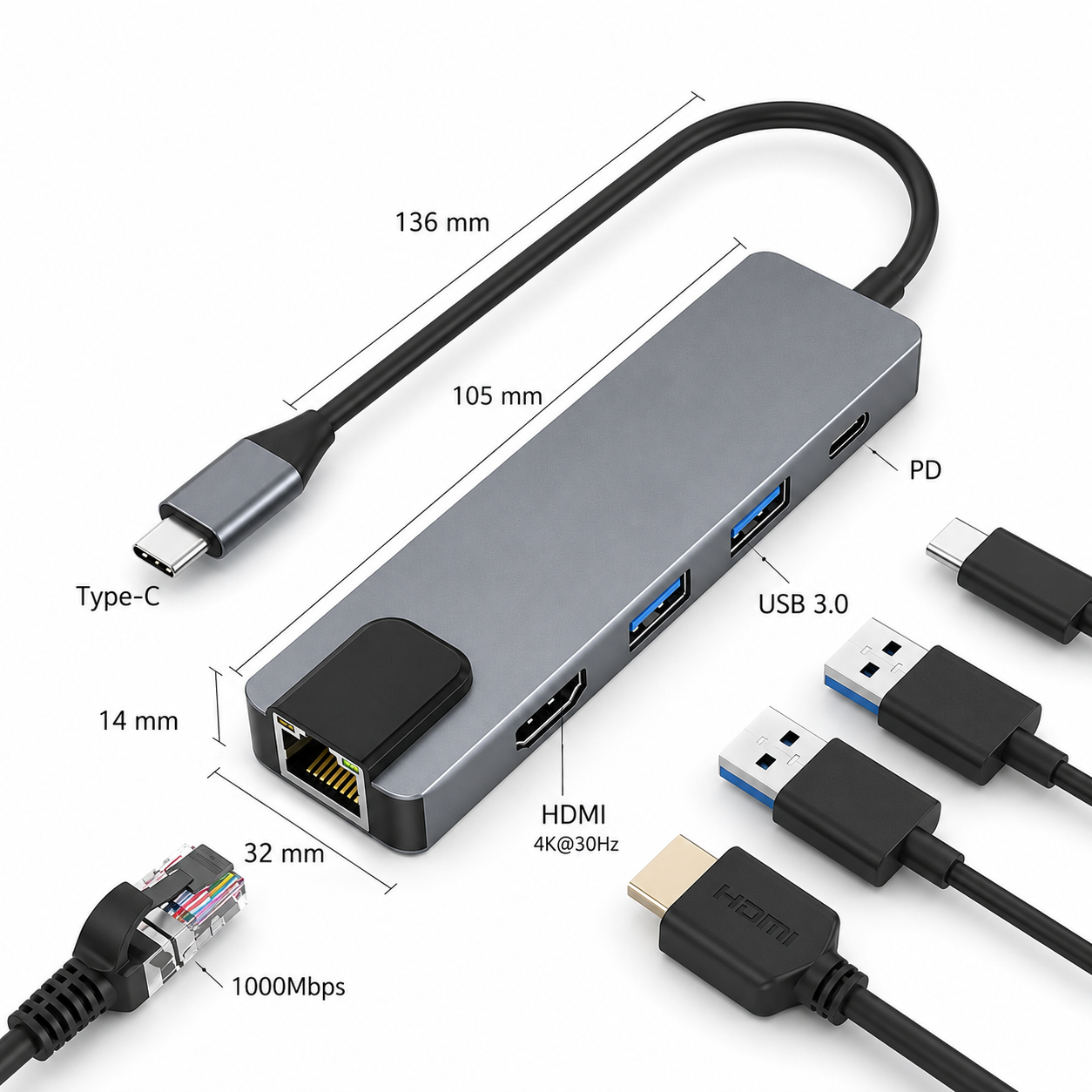 Docking Station Type-C 100W + HDMI 4K+ Ethernet+ Hub USB 3.0